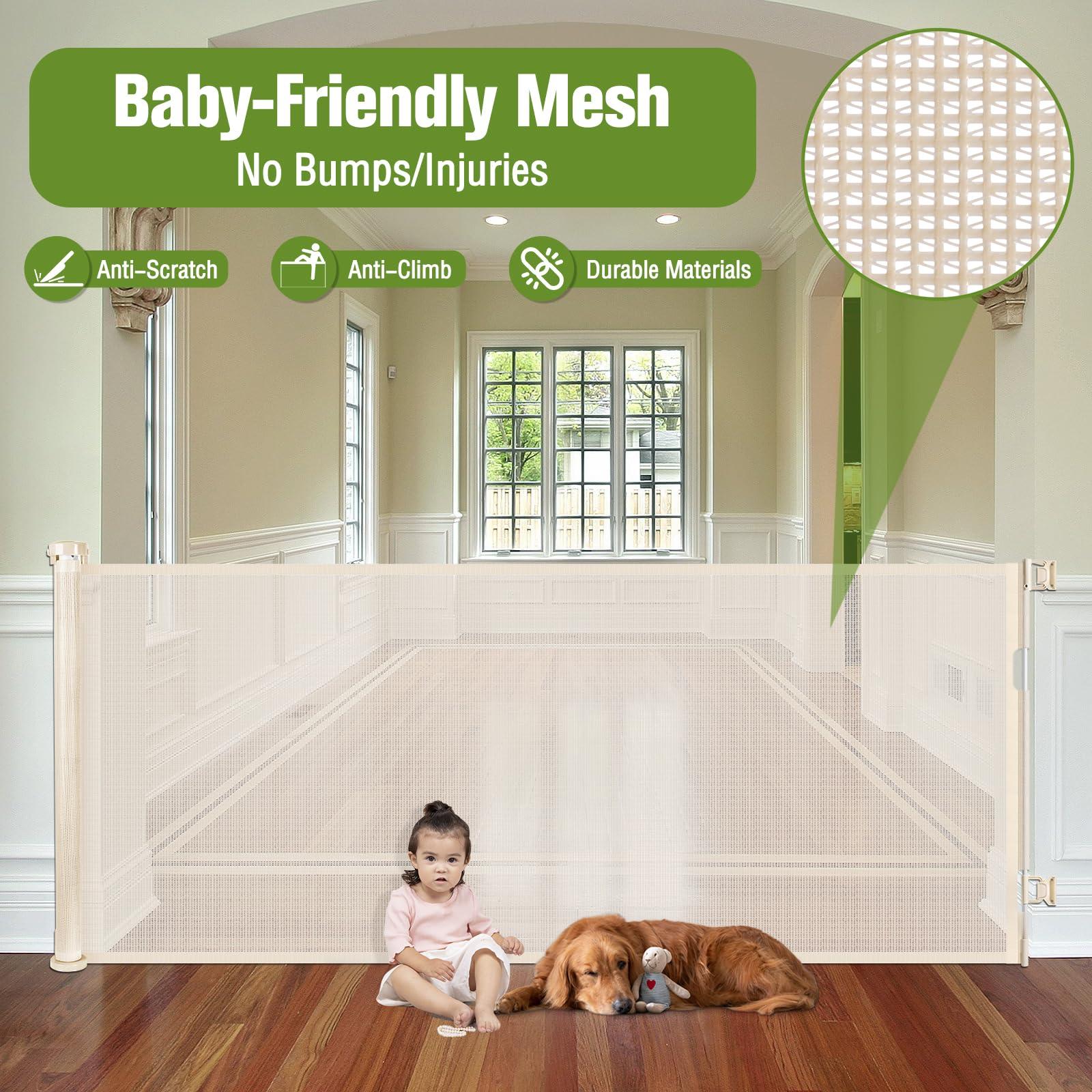 KISKIZ 65 Inch Wide Retractable Baby Gates for Doorways Retractable Dog Gate for Stairs, Indoor Mesh Baby Gate Retractable Gate Outdoor Tall Baby Gates for Dogs, Baby Barrier Retractable Safety Gate, Beige