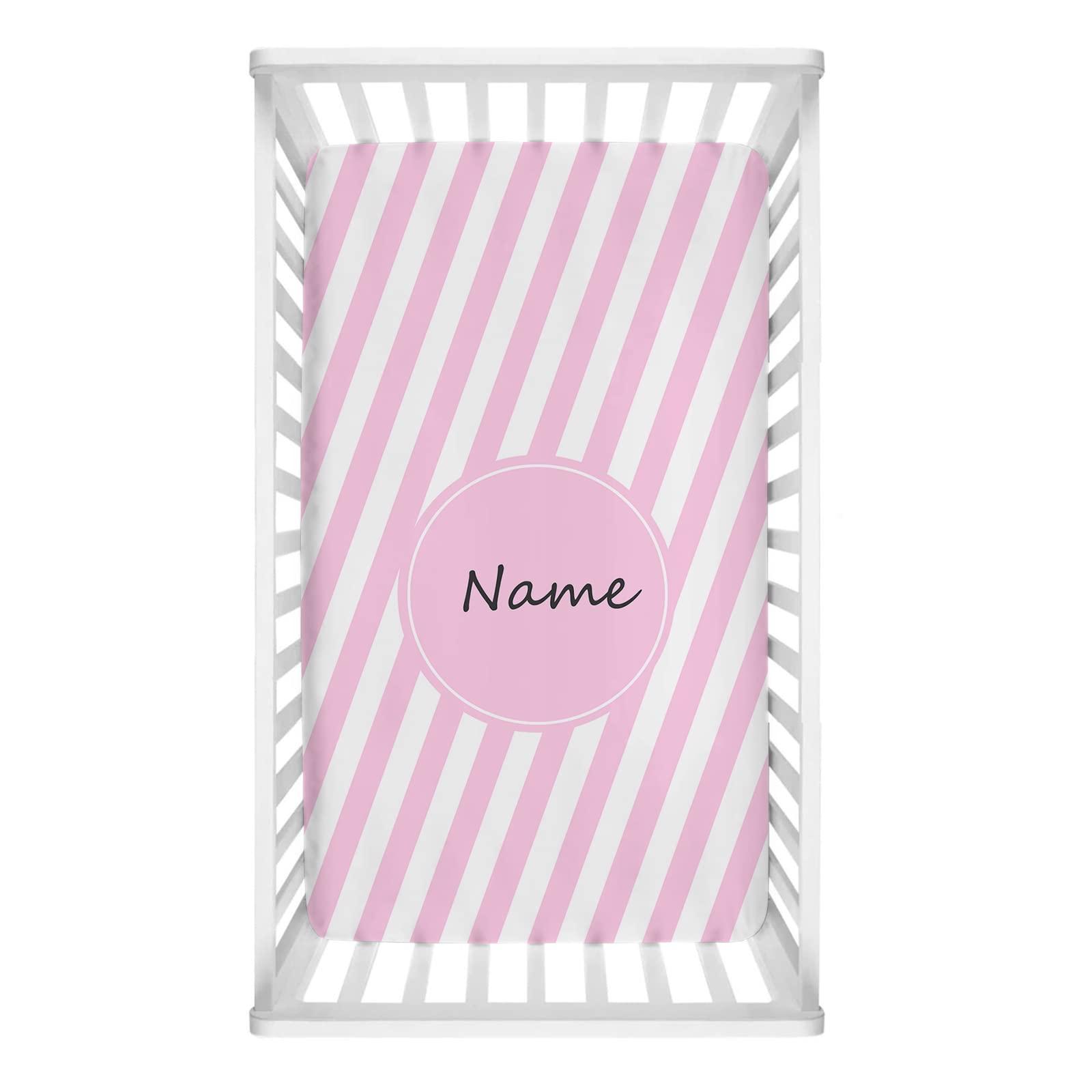 Cowcute Custom Baby Fitted Crib Sheet with Name, Personalized Mattress Sheets for Standard Crib Size, Nursery Pink Stripe Cribs Sheet for Boys Girls, Soft Breathable 28"x 52"x 8"