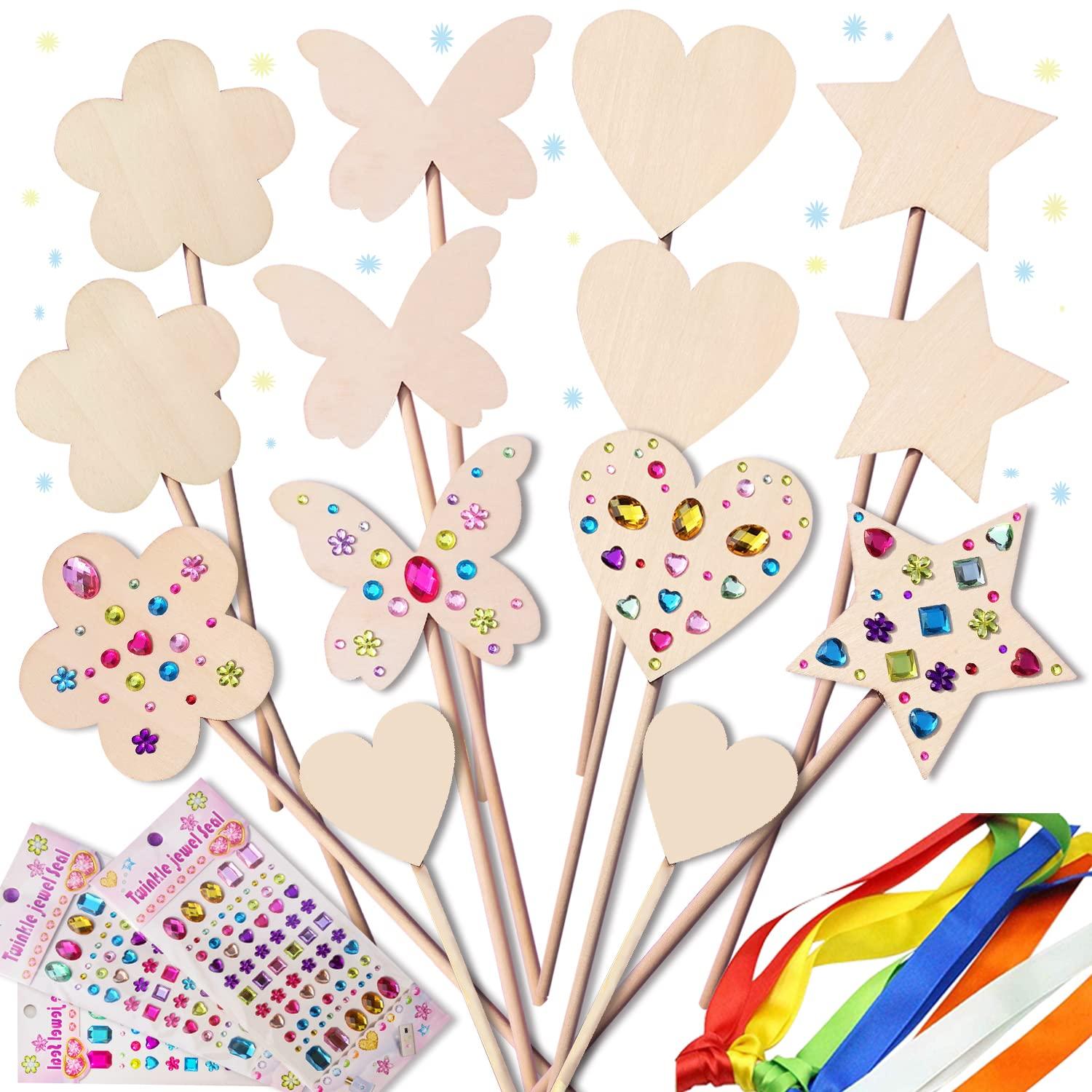 WUBOMJIO WUBOMJIO Princess Fairy Wands Craft Kit, Kid Birthday Party Supplies Make Your Own Magic Wands Include Unfinished Wooden Fairy Wands, Gem Stickers, Ribbons, Ideal Gift for Kids 6+(14 PCS)