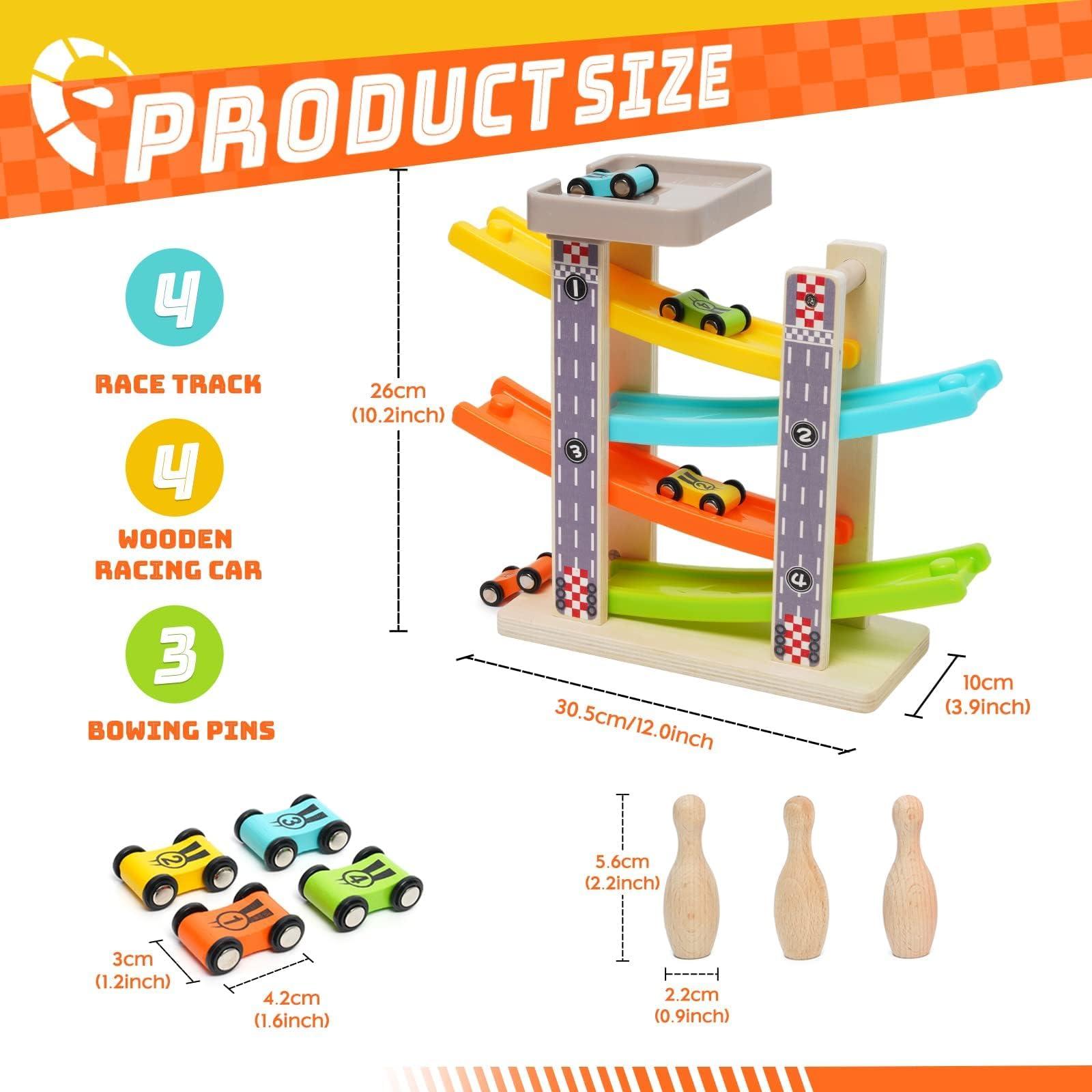 Ark miido Wooden Car Ramp Toys Race Track Zig Zag Car Slide Toddler Montessori Toys Click Clack Race Track Bowling Game Gifts Wooden Car Toy Garage with 4 Mini Cars 3 Bowlings for 1 2 3 4 5 Year Old Boys Girls