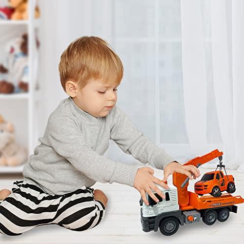 ArtCreativity ArtCreativity Light Up Tow Truck Toy, Scale Model Tow Truck with Movable Flat Bed, Lights, Sound, and Small Car Toy for Kids, Interactive Tow Truck Toys for Boys and Girls, for Ages 3 and Up