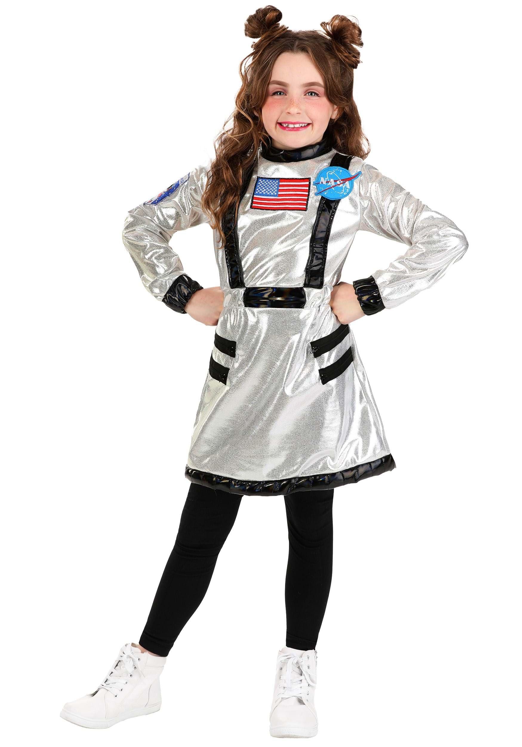 Fun Costumes Kid\'s Astronaut Costume Dress, Intergalactic Space Suit, Metallic Cosmic Halloween Costume for Girls Medium