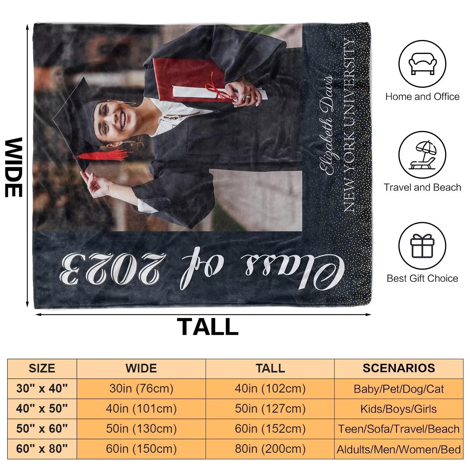 KEPMOV Graduation Blanket 2023 Personalized with Photo, Custom Class of 2023 Graduation Blankets with Photos Text College Name and Text Unique Customized Graduation Gift for Family Friends, 40 x 50 Inches