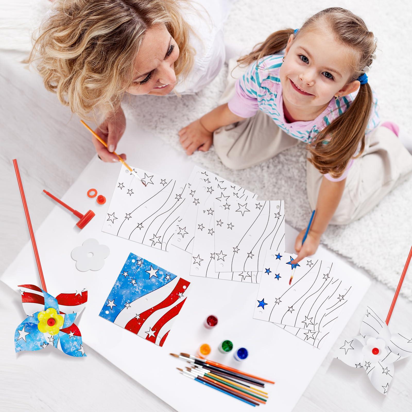 Simgoing 50 Pcs DIY Pinwheels Craft White Blank Paper Pinwheels Patriotic Craft Bulk Spring Summer Craft Kit for Kids Fun Carnival Arts and Craft Activity Daycare Project Party Favor