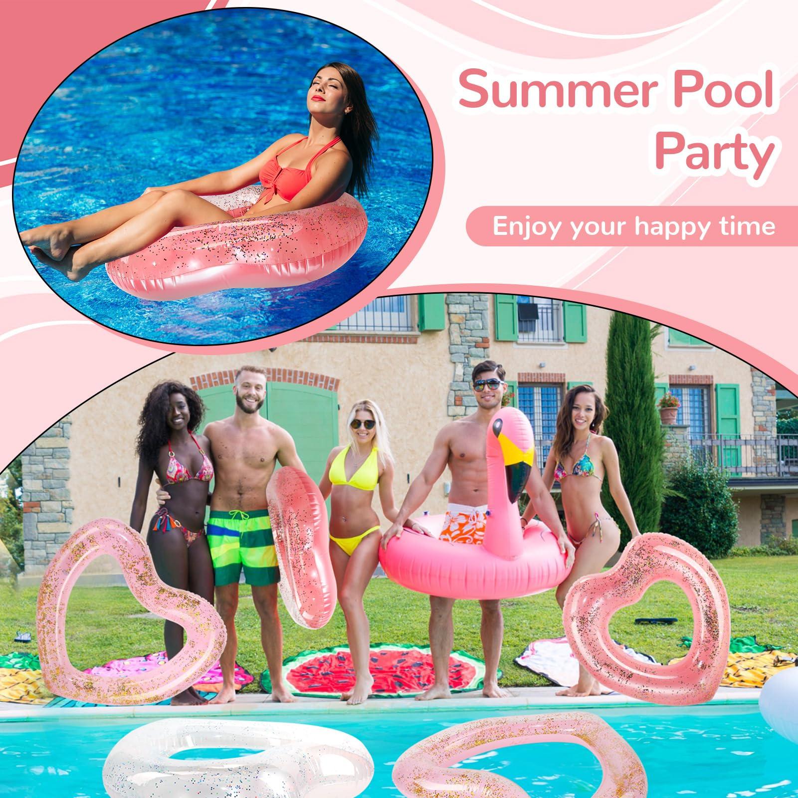 Lenwen Lenwen 6 Pcs Heart Pool Float, 43\"/31\" Inflatable Glitter Heart Floatie Tubes Heart Bachelorette Party Prop Heart Summer Swimming Ring for Wedding Betrothal Party Decor(Light Pink)