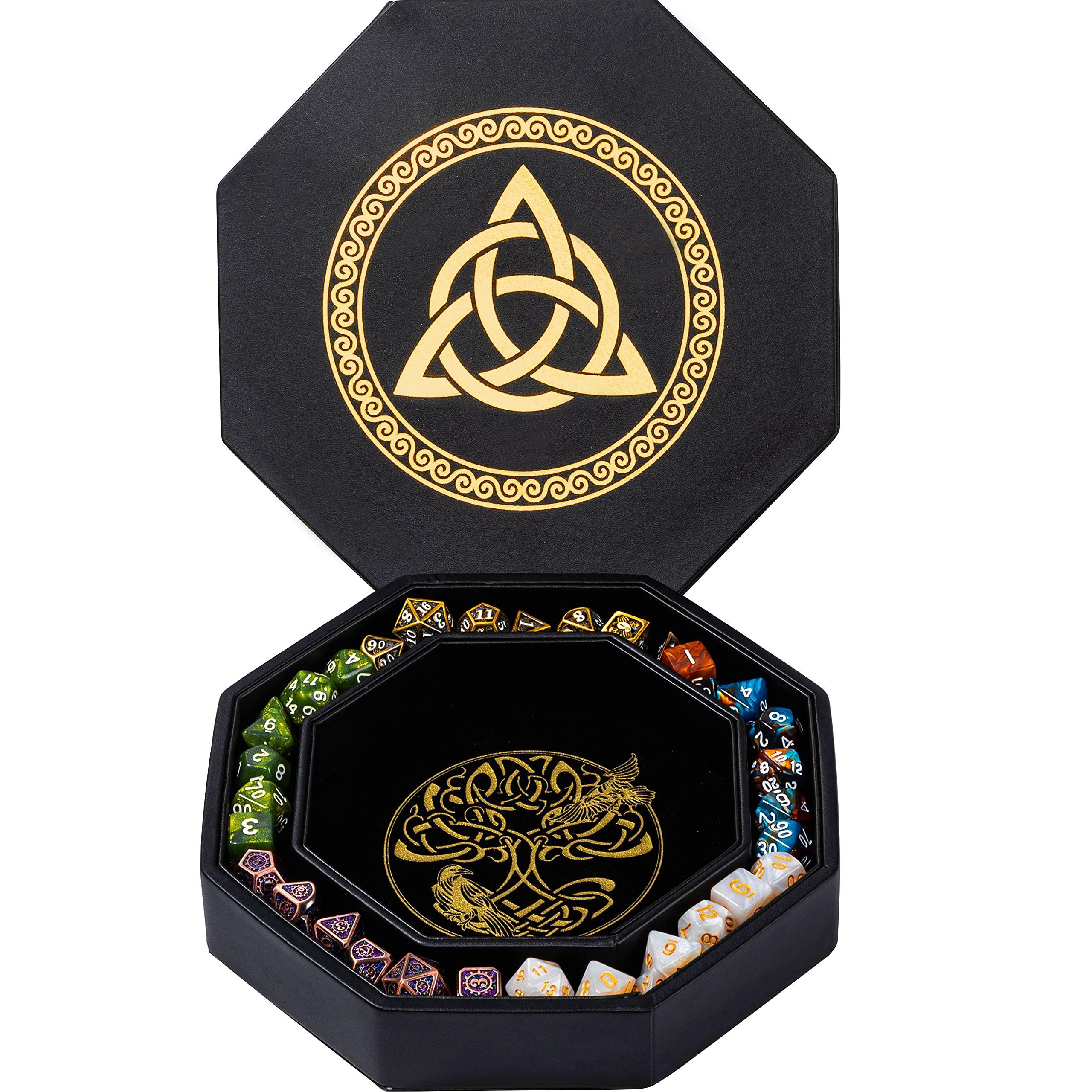 Soar Forge DND Dice Tray - Premium 8 Inch Tray Dungeons and Dragons - Exquisitely Detailed Gold World Tree & Triquetra Design - Perfect Rolling & Box Storage to Protect Your Dice for D&D and RPG