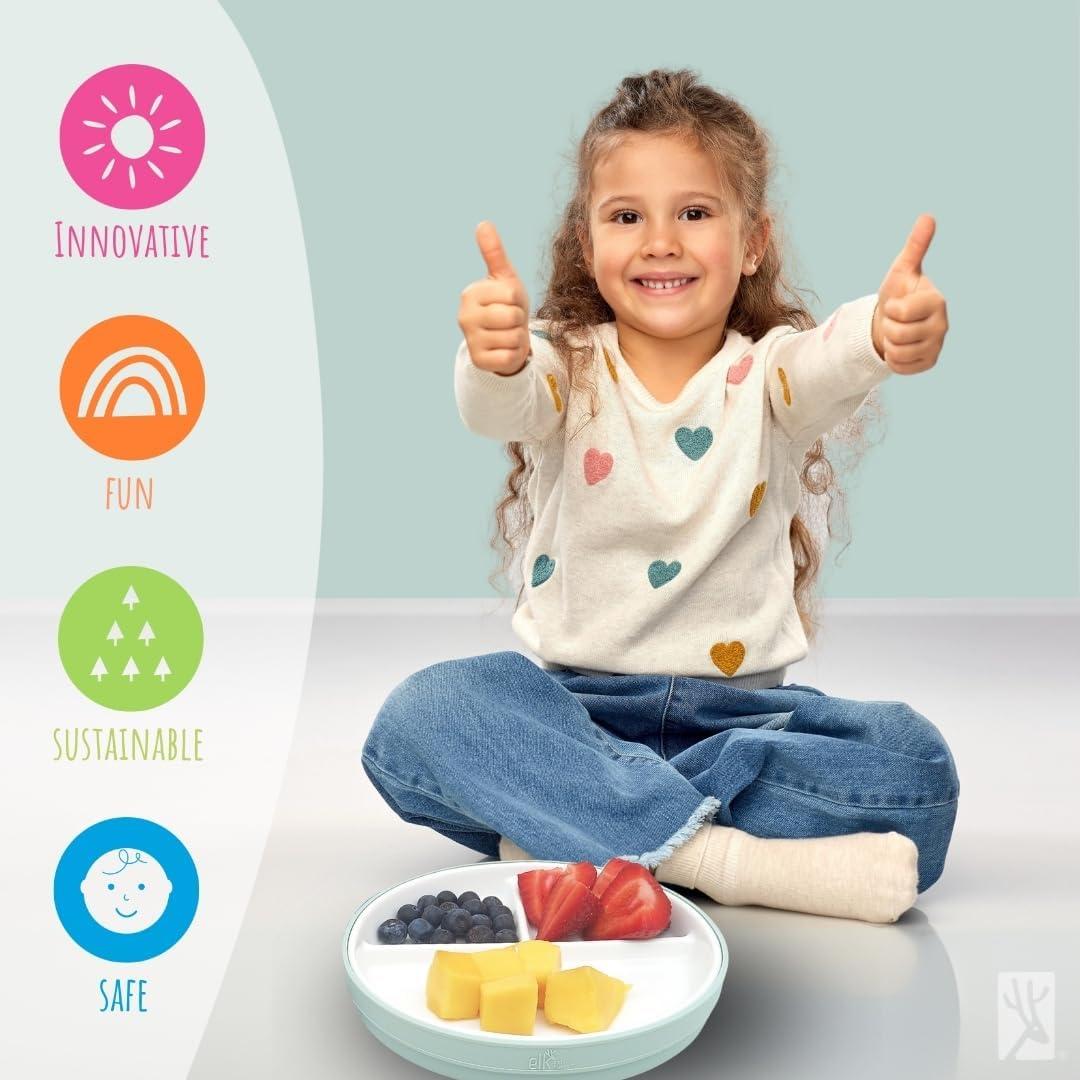 Elk and Friends Elk and Friends Kids 7.8 Porcelain White Plates with Silicone Suction Sleeves Sleeves | Divided Plates | Suitable for Babie/Kids/Toddlers | Microwave & Dishwasher Safe | Non Slip | Snack Dishes