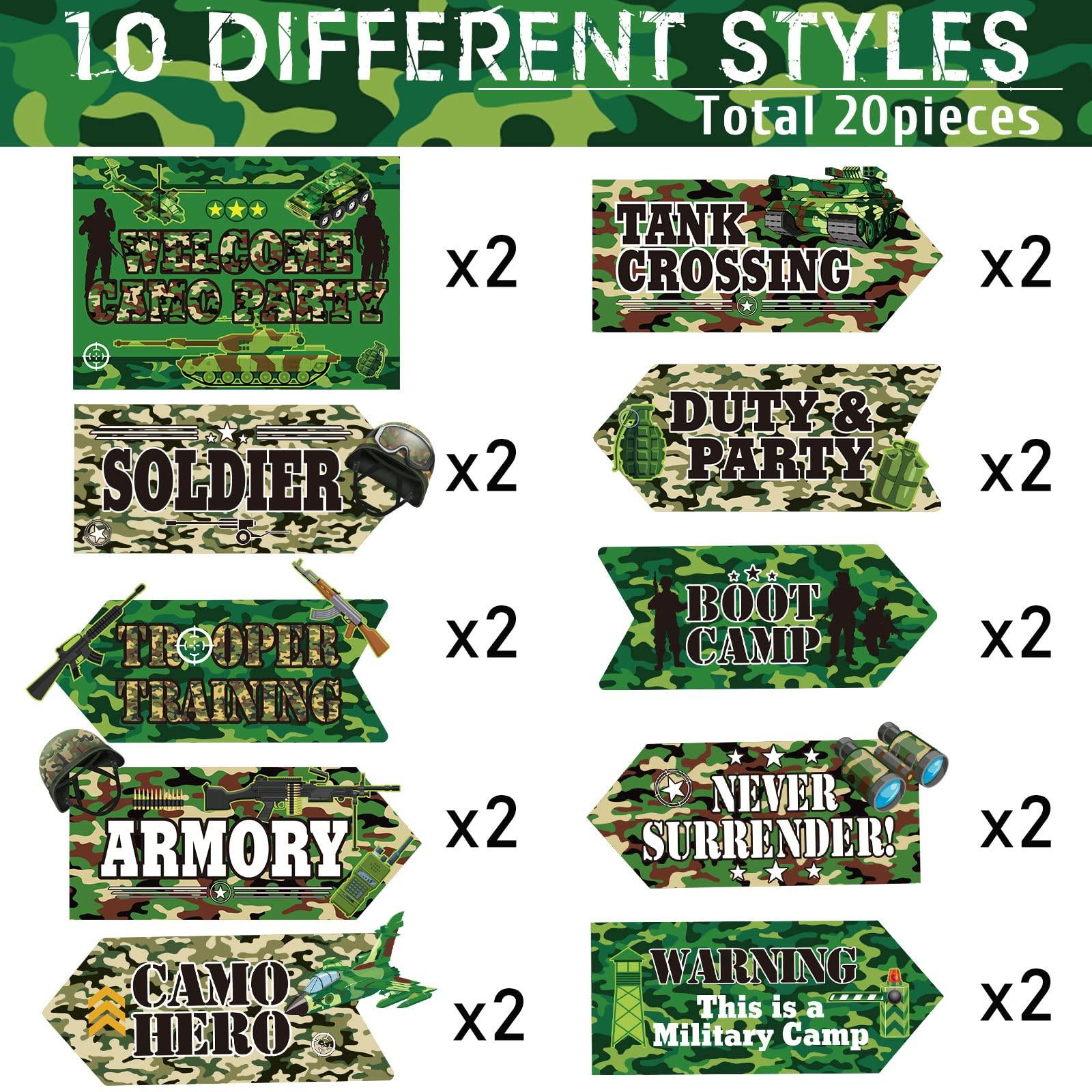 Chinco 20 Pieces Army Decorations for Party Camo Party Signs Camouflage Decorations Military Decorations Camouflage Birthday Party Supplies for Kids Boys Military Themed Outdoor Indoor Decor, 10 Styles