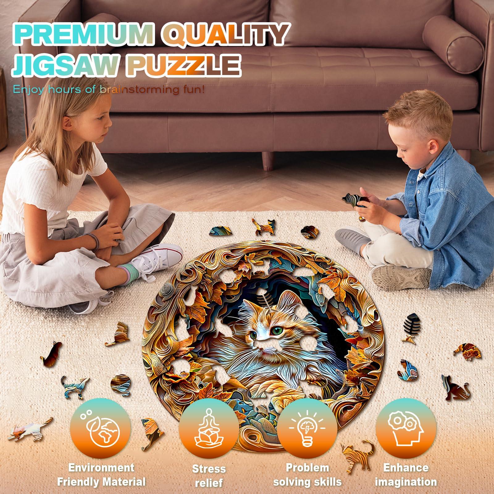 Purdicra Wooden Puzzles for Adults, 3D Vision Wooden Jigsaw Puzzles for Adults Kids, 300pcs Unique Shape 3D Cat Wooden PuzzleChallenging Adult Puzzles Family Games 13.4 * 13.4in