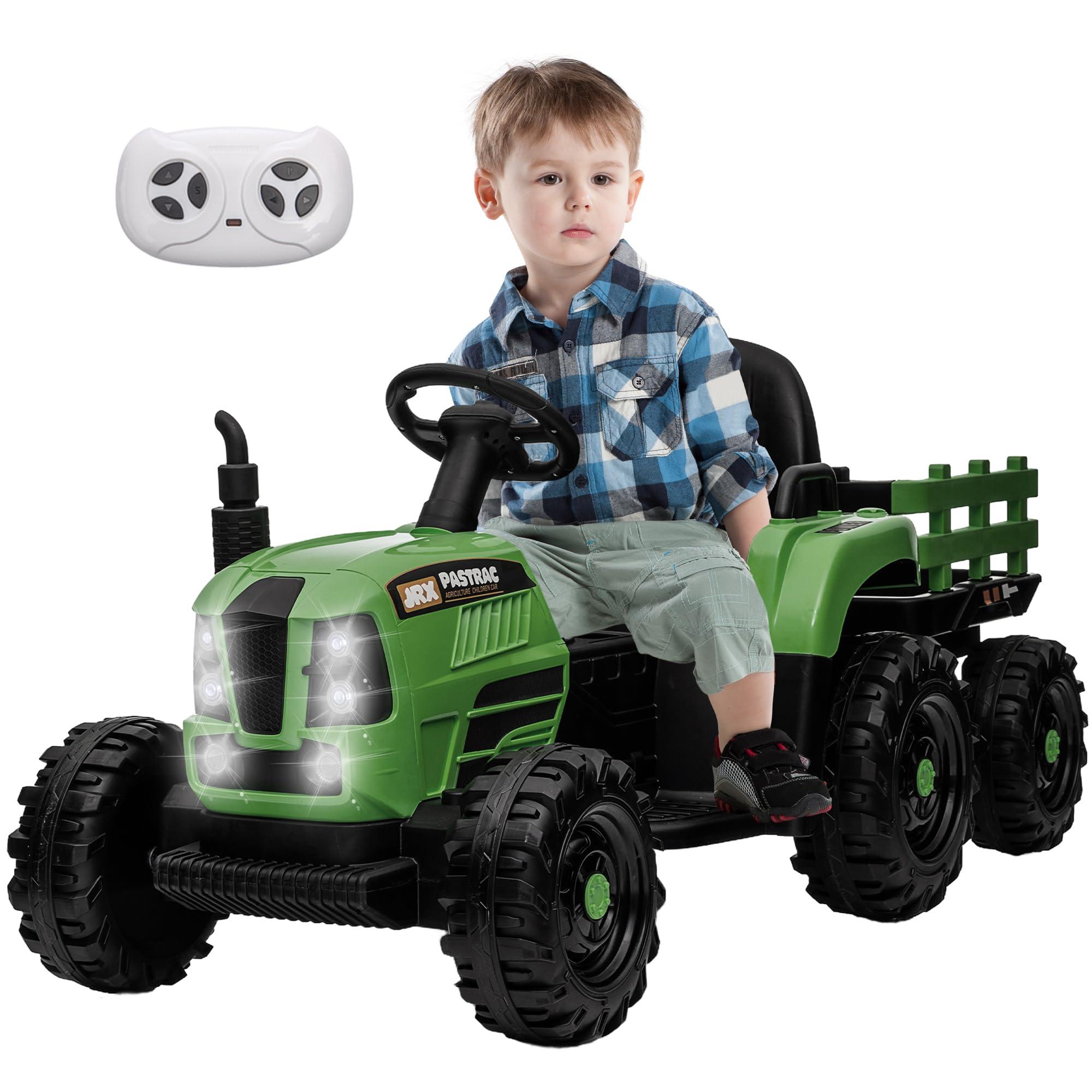 Feetice Tractor Toys, Ride on Tractor with Trailer, 24V 400W Powered Electric Tractor Remote Control, Music Bluetooth and USB Support, Electric Car for Kids, 3 Speed Adjustable, Two-Point Safety Belt, Green
