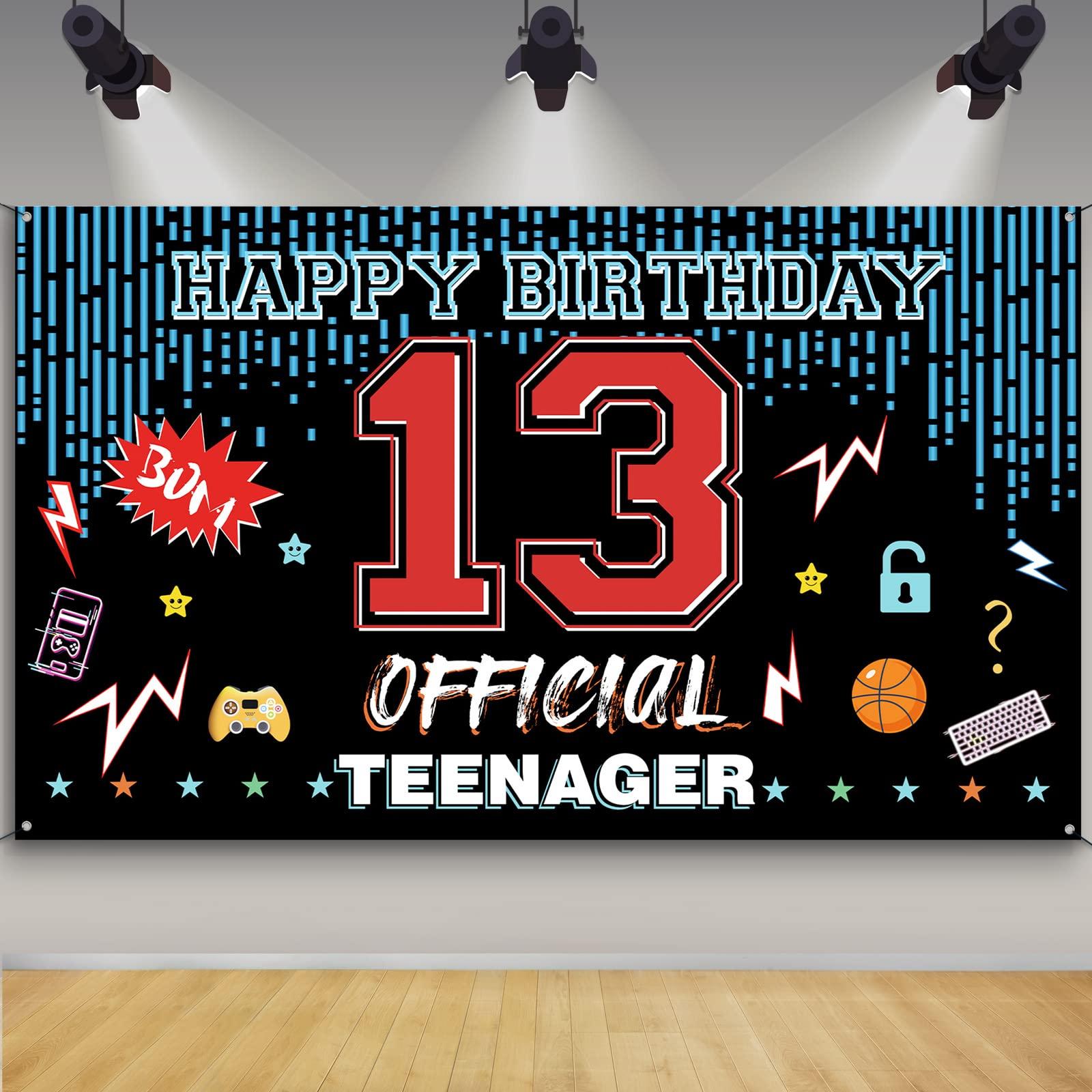 PHXEY Official Teenager 13th Birthday Door Backdrop Banner, Happy 13th Birthday Decorations for Boys Girls, Red Blue 13 Year Old Birthday Party Yard Sign Photo Booth Props Supplies, Fabric, PHXEY