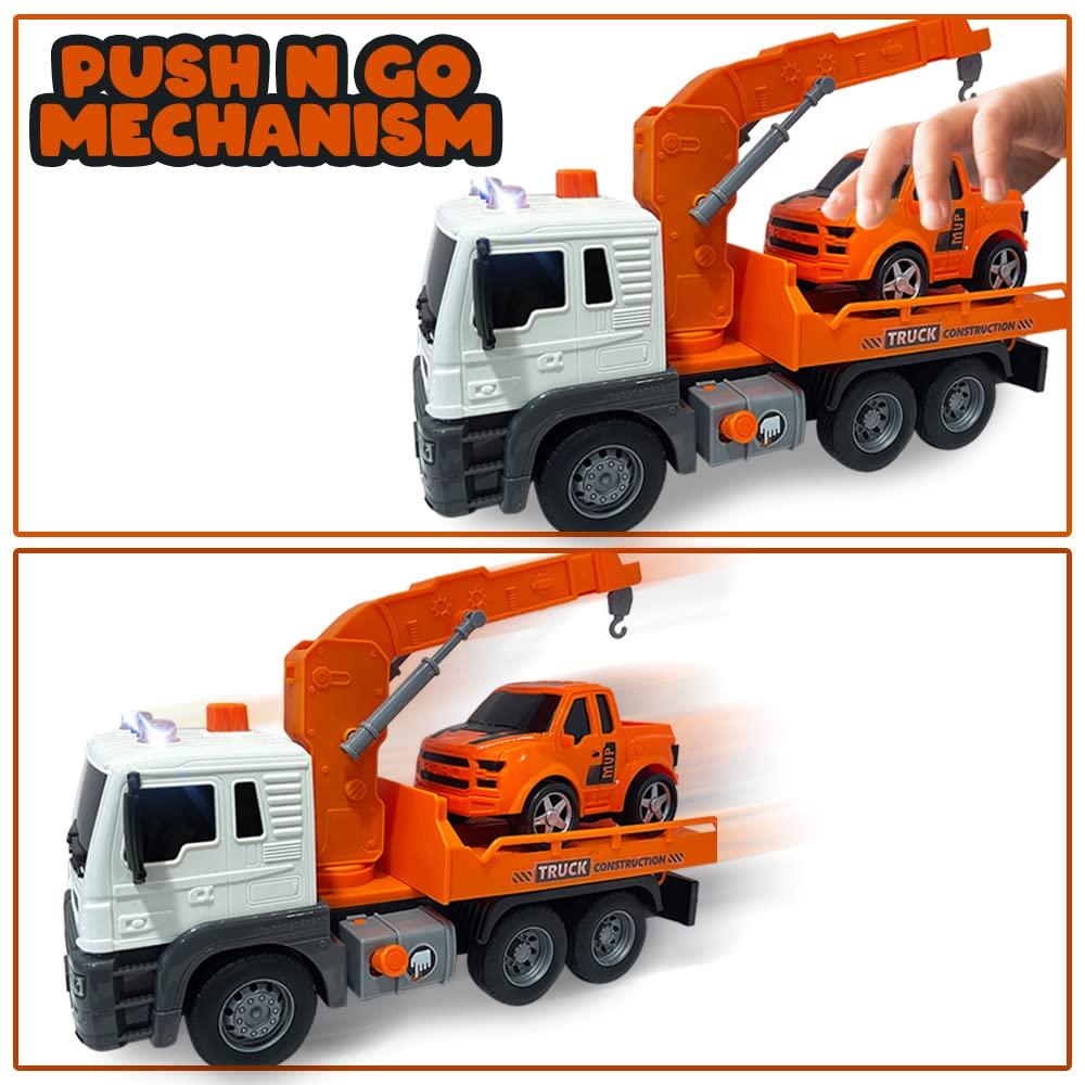 ArtCreativity ArtCreativity Light Up Tow Truck Toy, Scale Model Tow Truck with Movable Flat Bed, Lights, Sound, and Small Car Toy for Kids, Interactive Tow Truck Toys for Boys and Girls, for Ages 3 and Up