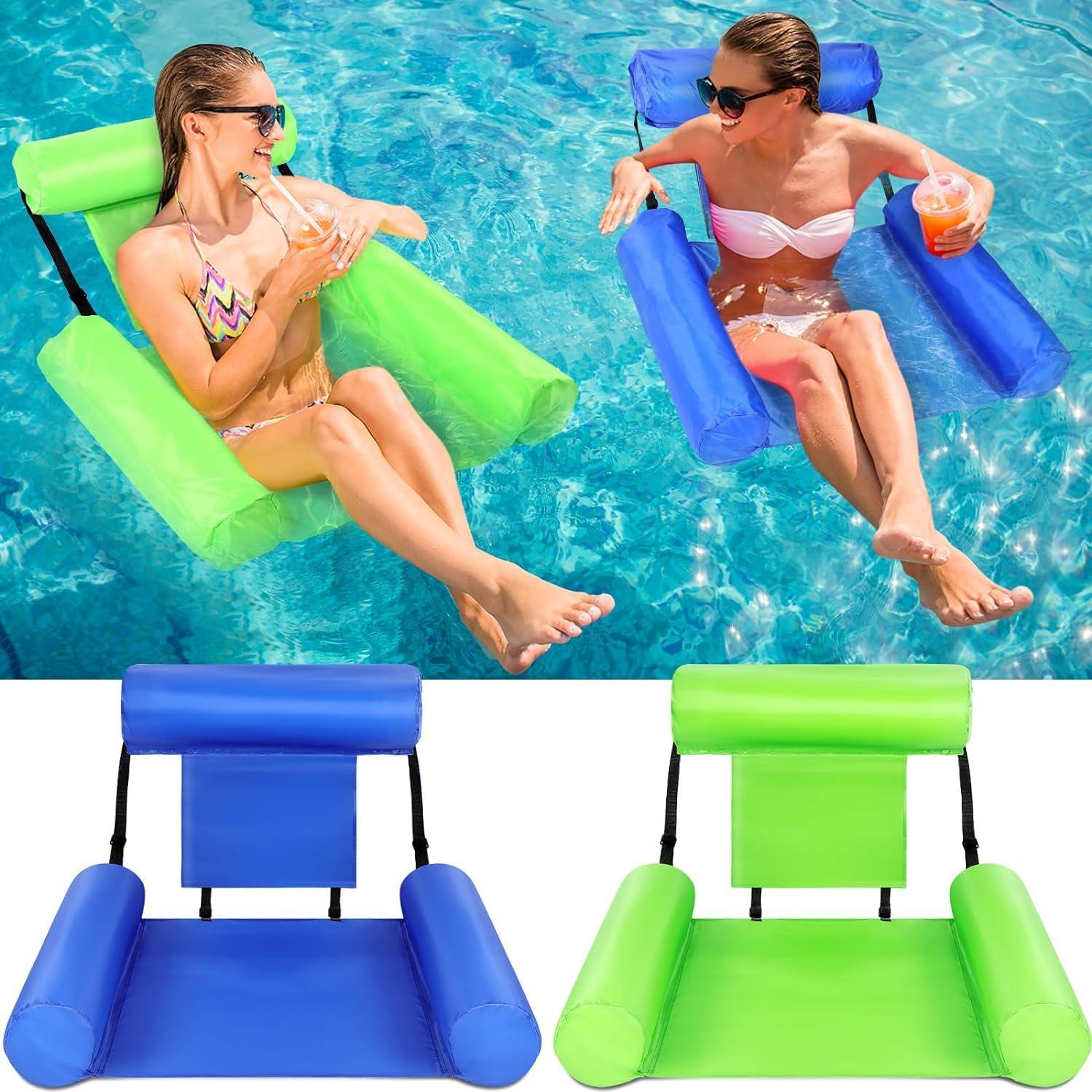 Blueweenly Blueweenly 4 Packs Pool Floats Chair for Adult Hammock Inflatable Pool Lounge Chair Water Floating Chair for Swimming Pool Beach Party Lake Summer (Dark Blue, Green)