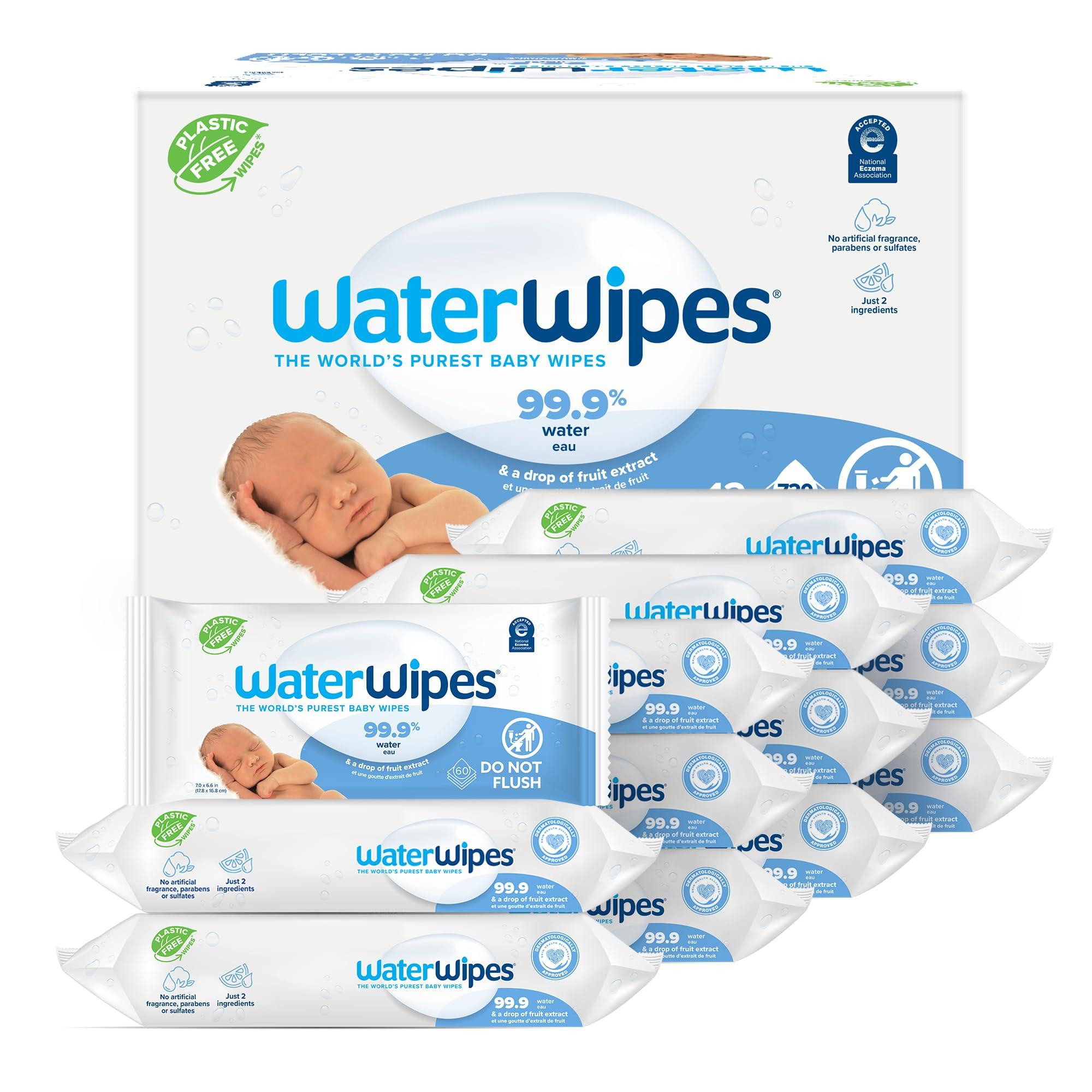WaterWipes WaterWipes Plastic-Free Original Baby Wipes, 99.9% Water Based Wipes, Unscented & Hypoallergenic for Sensitive Skin, 60 Count (Pack of 12), Packaging May Vary