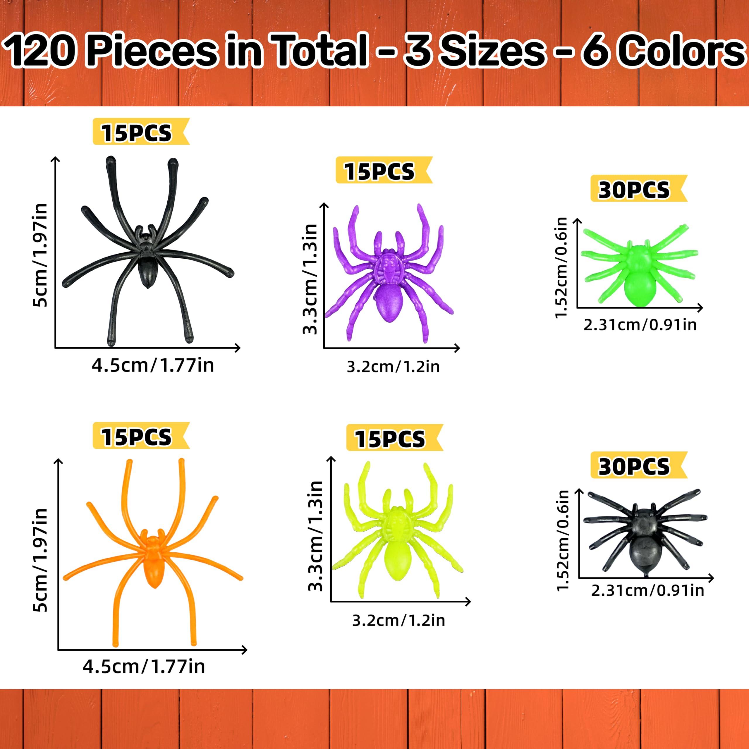 VOVEA VOVEA Plastic Spiders Halloween Decorations 120PCS, 6 Colorful Styles Fake Spiders Small Realistic Spider Props for Halloween Party Favors, Treat Bags, Trick or Treat Goodie Bags