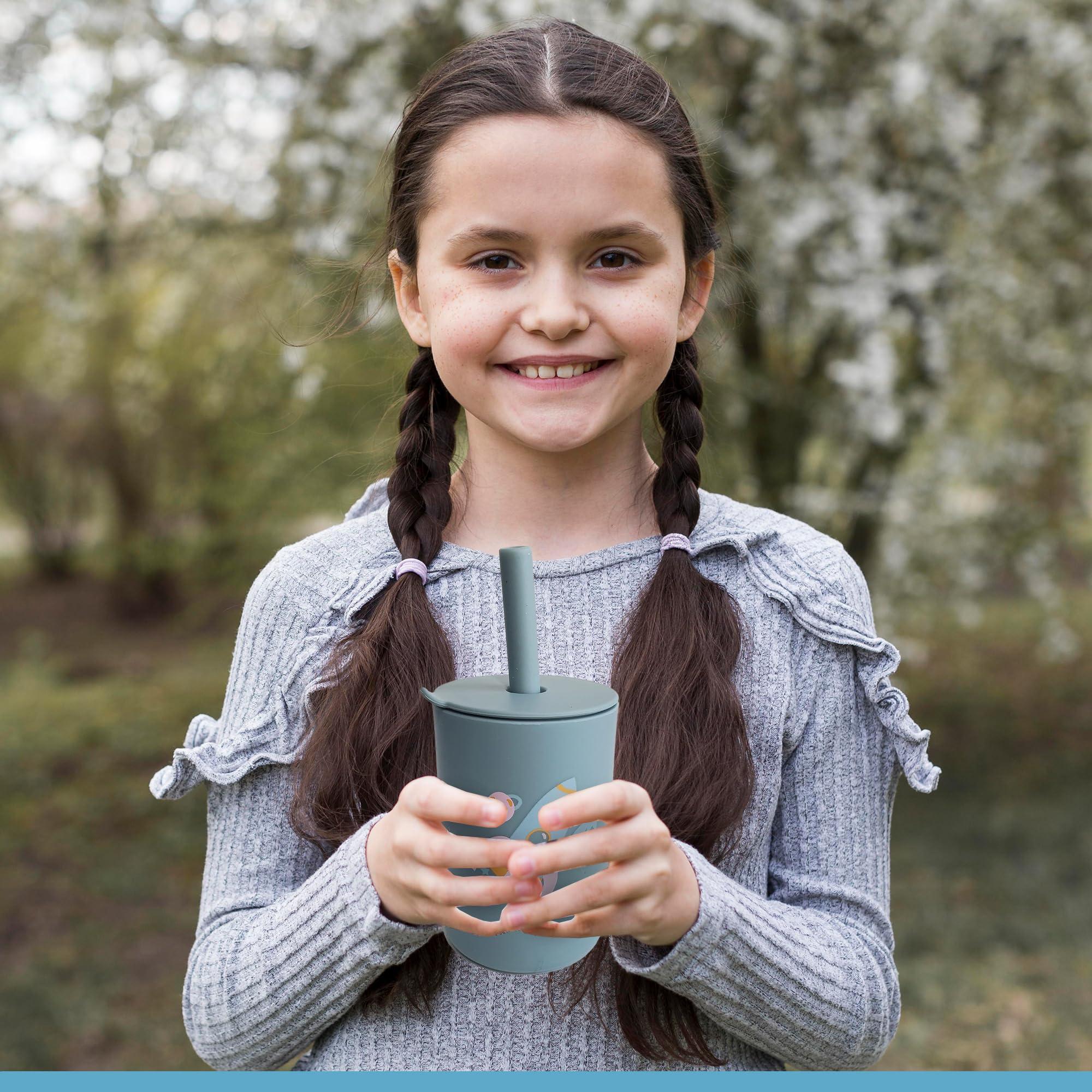 ToysCentral Basics Toddler Cup, Silicone Training Cup Sippy Cup with Straw, Non-Slip, NO BPA, Unbreakable, Trainer Cup for Babies Toddlers and Infants (Dusty blue w/ rocket)