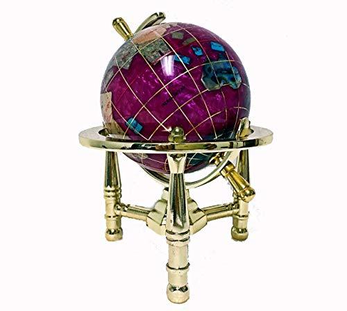 Unique Art Since 1996 Unique Art 6" Tall Pink Pearl Swirll Tripod Gold Leg Table Stand World Map Gemstone Globe