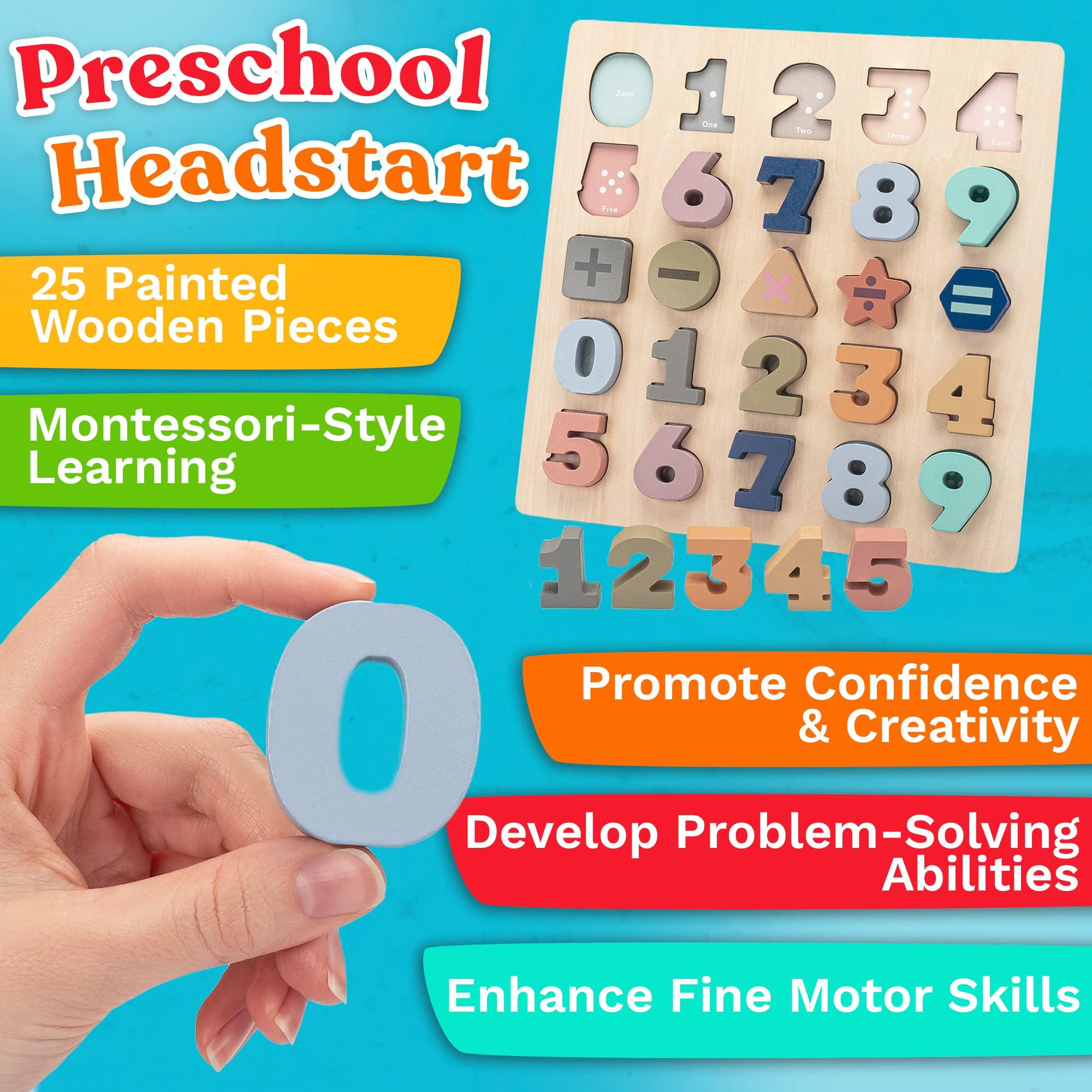 Frankly Awesome Products Wooden Puzzles for Toddlers 3-5 - 25pcs Puzzle by Number Kids w/Shapes & Math Symbols - Toddler Number Learning Toys to Develop Counting & Problem-Solving Skills - Number Puzzles for Kids Ages 3-5