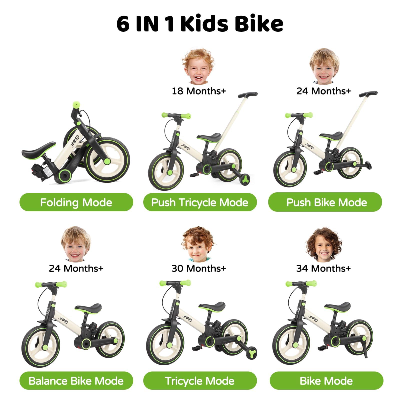 JMMD JMMD Toddler Bike with Push Handle for Kids 18-60 Months, 6 in 1 Foldable Push Bike with Training Wheels, Pedals, Brakes, Kickstand, Kid Balance Bike Gift & Toys for Boy & Girl, Green