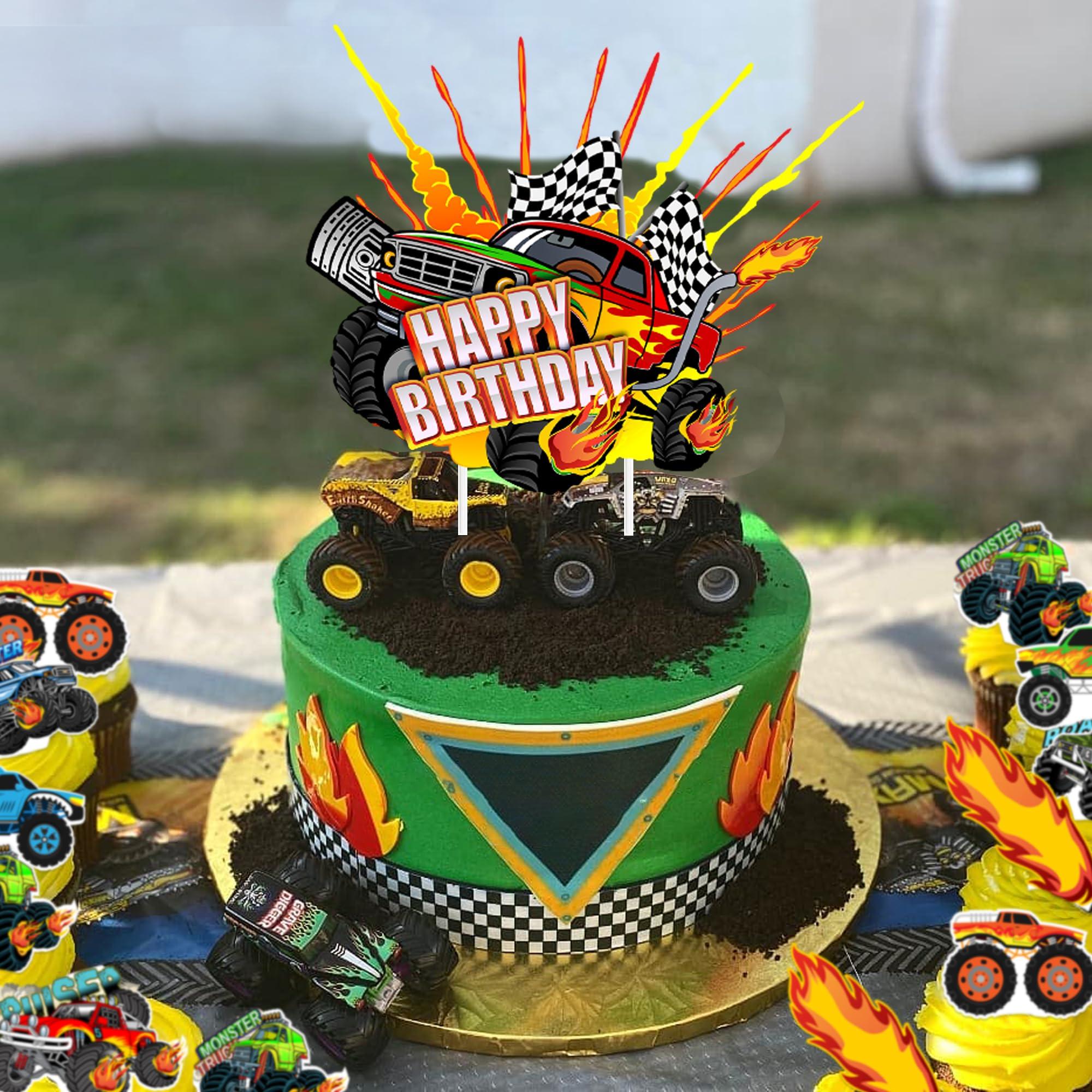Haxpacal Haxpacal Truck Cake Topper, 49pcs Monster Car Theme Birthday Party Supplies, Red, Green, Blue Cake Decorations for Kids Birthday, Baby Shower Party Decorations