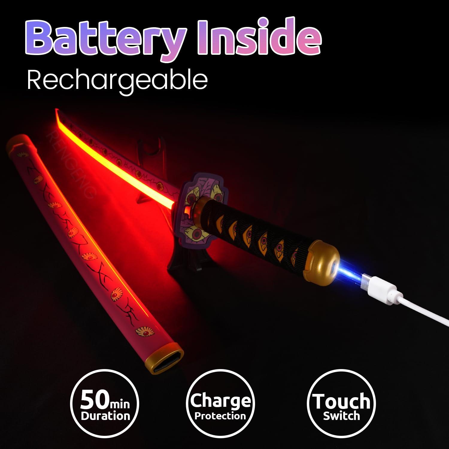 RG RENGENG RENGENG Light Up Kokushibo Sword, 30 Inches Rechargeable Pre-Assembled Plastic Replica with Belt & Stand & Spinner, Original Texture Sword