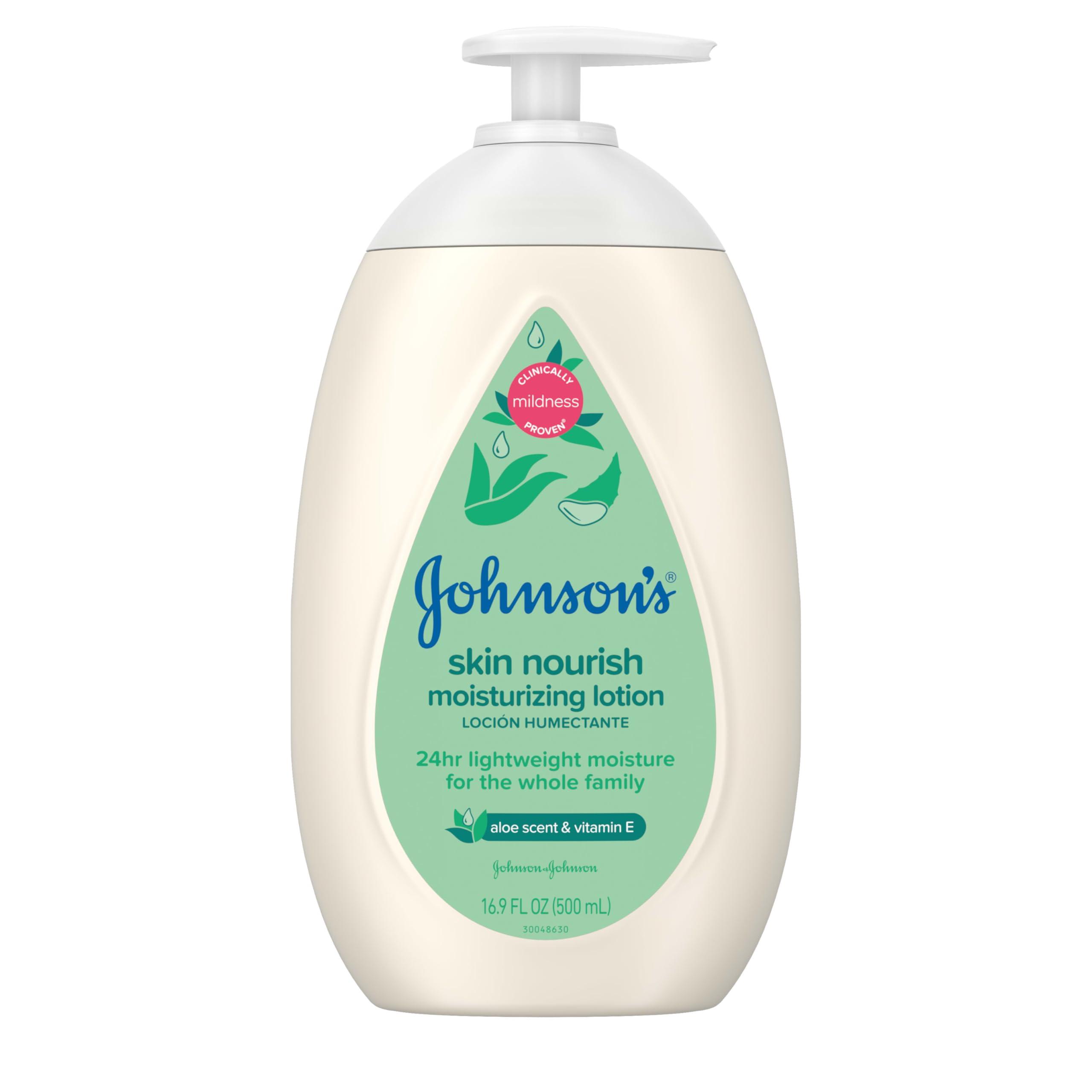 Johnson\'s Baby Johnson's Skin Nourish Moisturizing Baby Lotion with Aloe Vera Scent & Vitamin E, Gentle & Lightweight Body Lotion for The Whole Family, Hypoallergenic, Dye-Free, 16.9 fl. oz