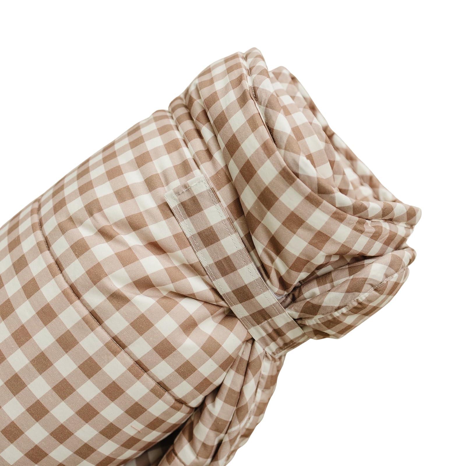 bloomere Organic Toddler Nap Mat - 100% Cotton Fabric Sleeping Mat - Sleeping Bag for Kids - Removable Pillow and Blanket 1.5 Thick Pad - Ideal for Home, Daycare, Preschool & Sleepovers. (Brown Gingham)