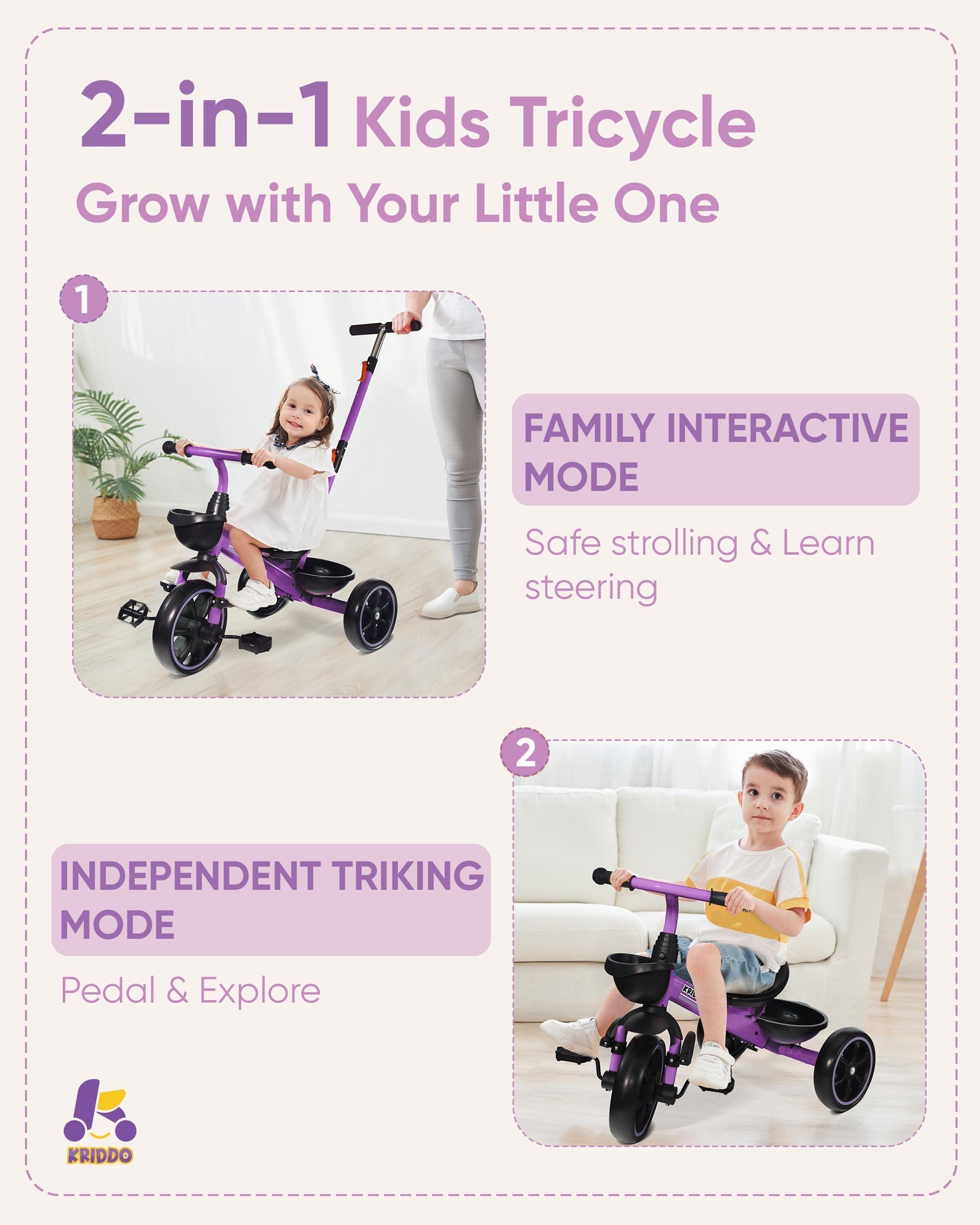 KRIDDO KRIDDO 2-in-1 Toddler Tricycle for Ages 18 Months to 5 Years Old - Extended Push Handle for Effortless Push, Gift Trike for Toddler 3 to 5 Year, Kids Tricycle with Foldable Front Footrest, Purple