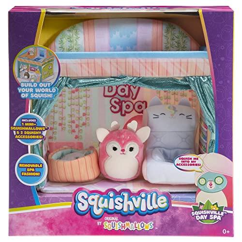 Squishville Squishville by Original Squishmallows Deluxe Day Spa Playscene - Include 2-Inch Duchess The Pink Deer, Towel Wrap, Face Mask, Basin & Lounge Chair - Toys for Kids