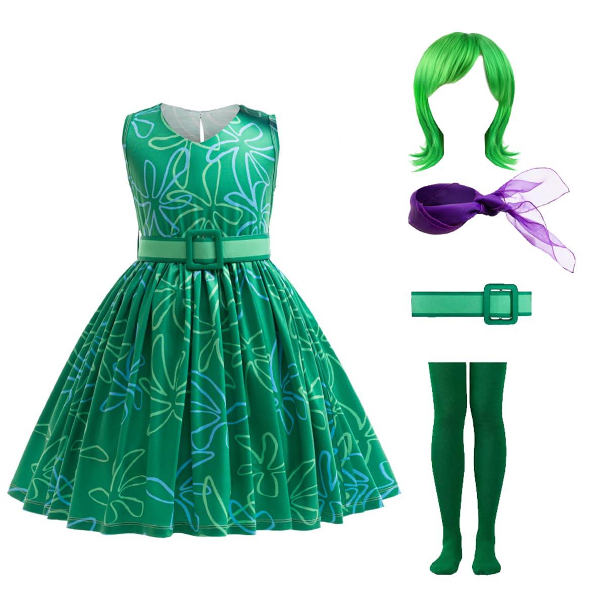 JUMOF JUMOF Kids Joy Dress Set Deluxe Disgust Costume with Wig Halloween Cosplay Multiple Accessories Outfit, disgust 120