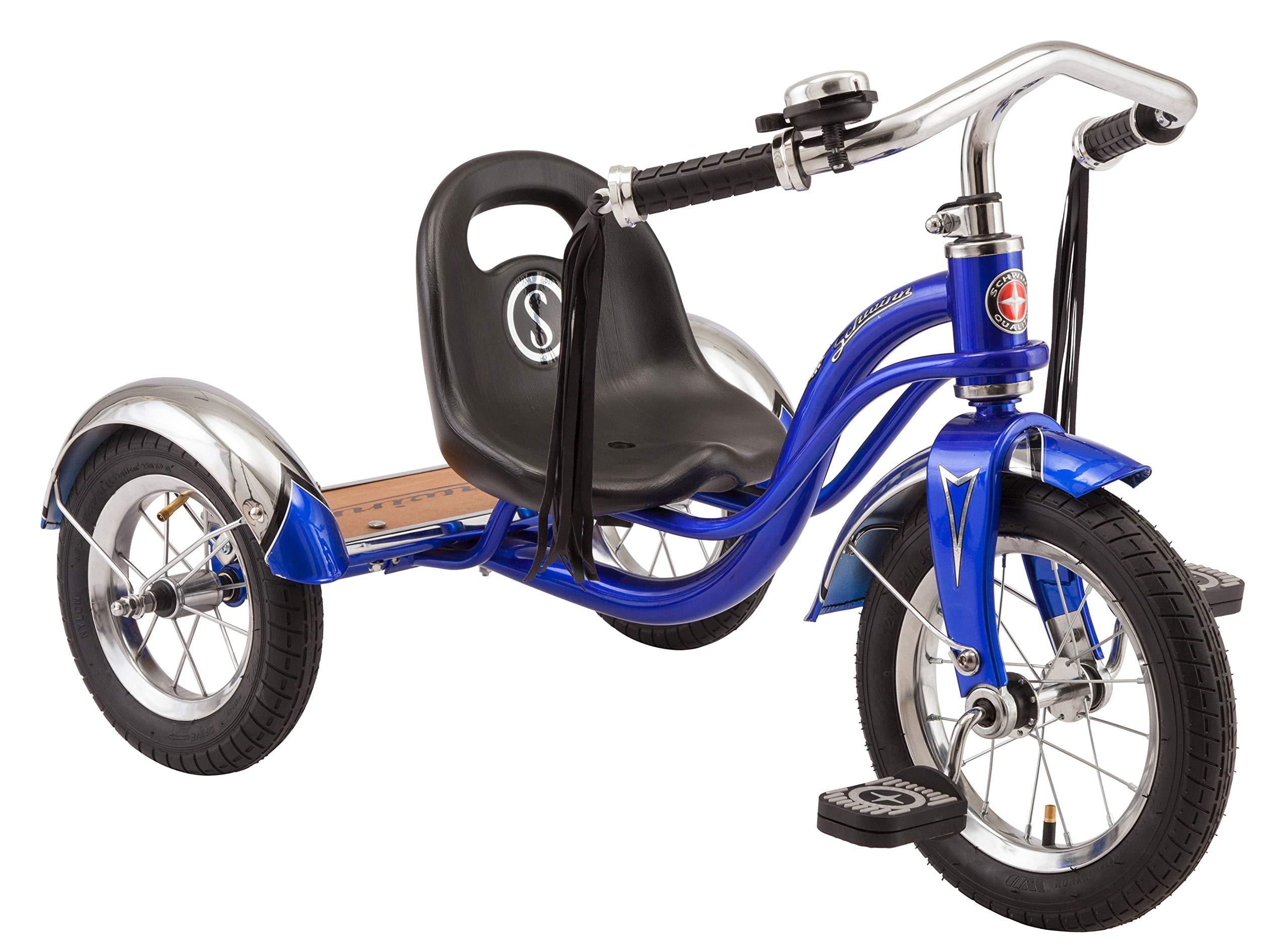 Schwinn Roadster Bike for Toddler Kids Classic Tricycle Low Positioned Steel Trike Frame with Bell and Handlebar Tassels Rear Deck Made of Genuine Wood for Boys and Girls Ages 2 4 Year Old