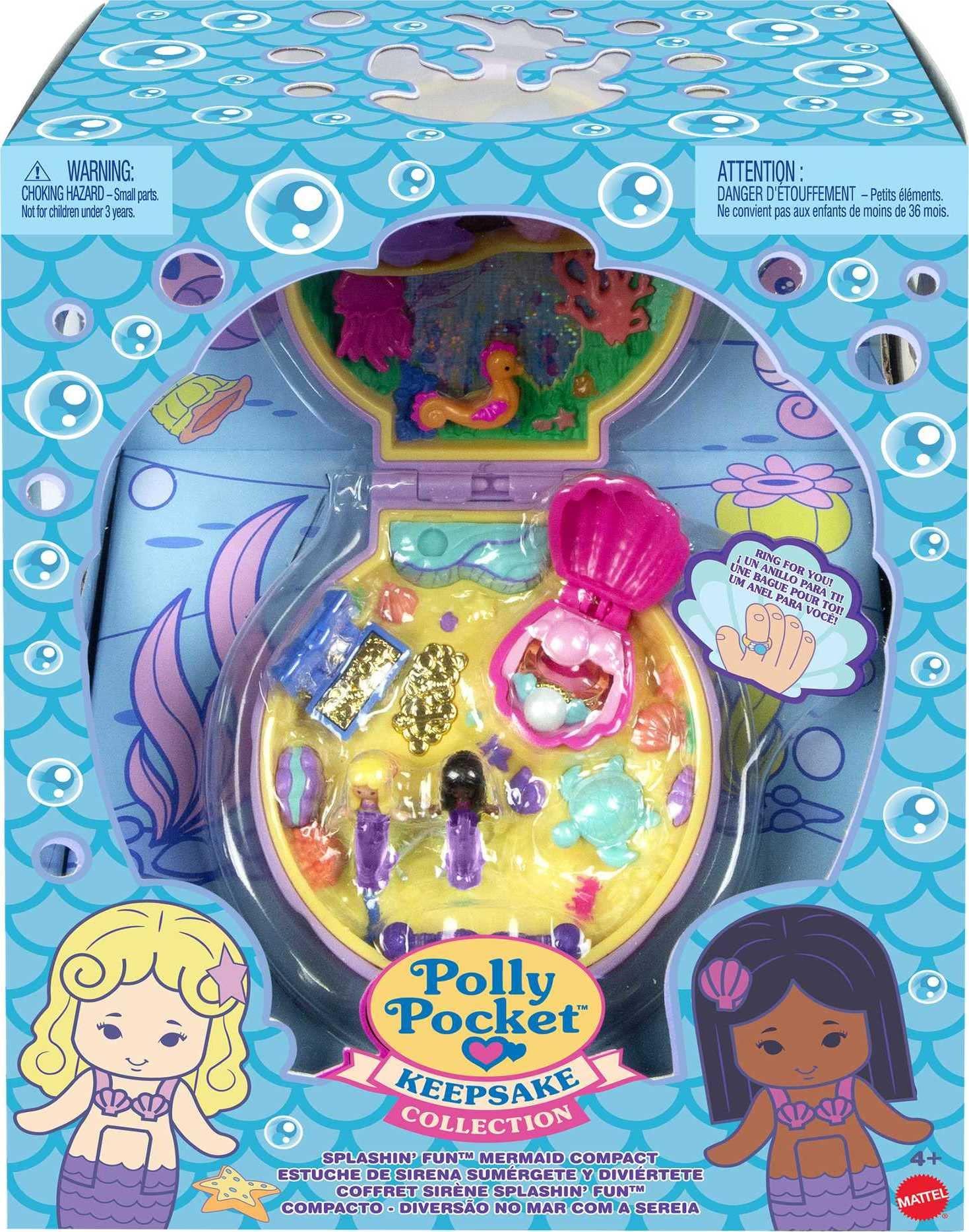 Polly Pocket Polly Pocket Keepsake Collection Mermaid Dreams Collectible Compact, Under-The-Sea Theme, Special Box, 2 Mermaid Dolls, Wearable Ring & More, Collectible Gift, Ages 4 Years Old & Up