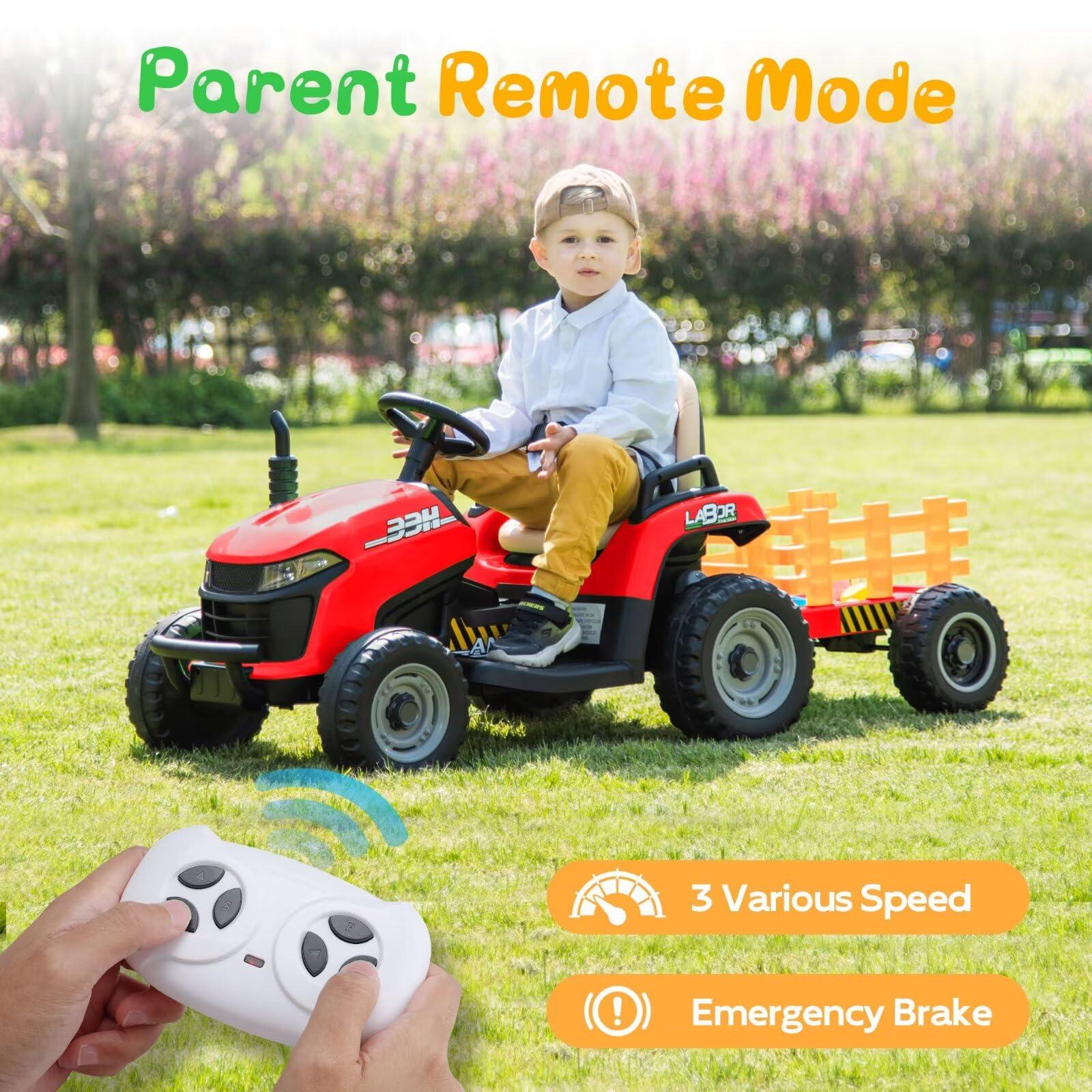 ANPABO ANPABO 24V Ride On Tractor w/Tiltable & Detachable Trailer, EVA Tires, Up to 4.3Mph, Ride On Toys with Parental Remote, Realistic Tractor Sound & Chimney, Music Player, LED Light, Red