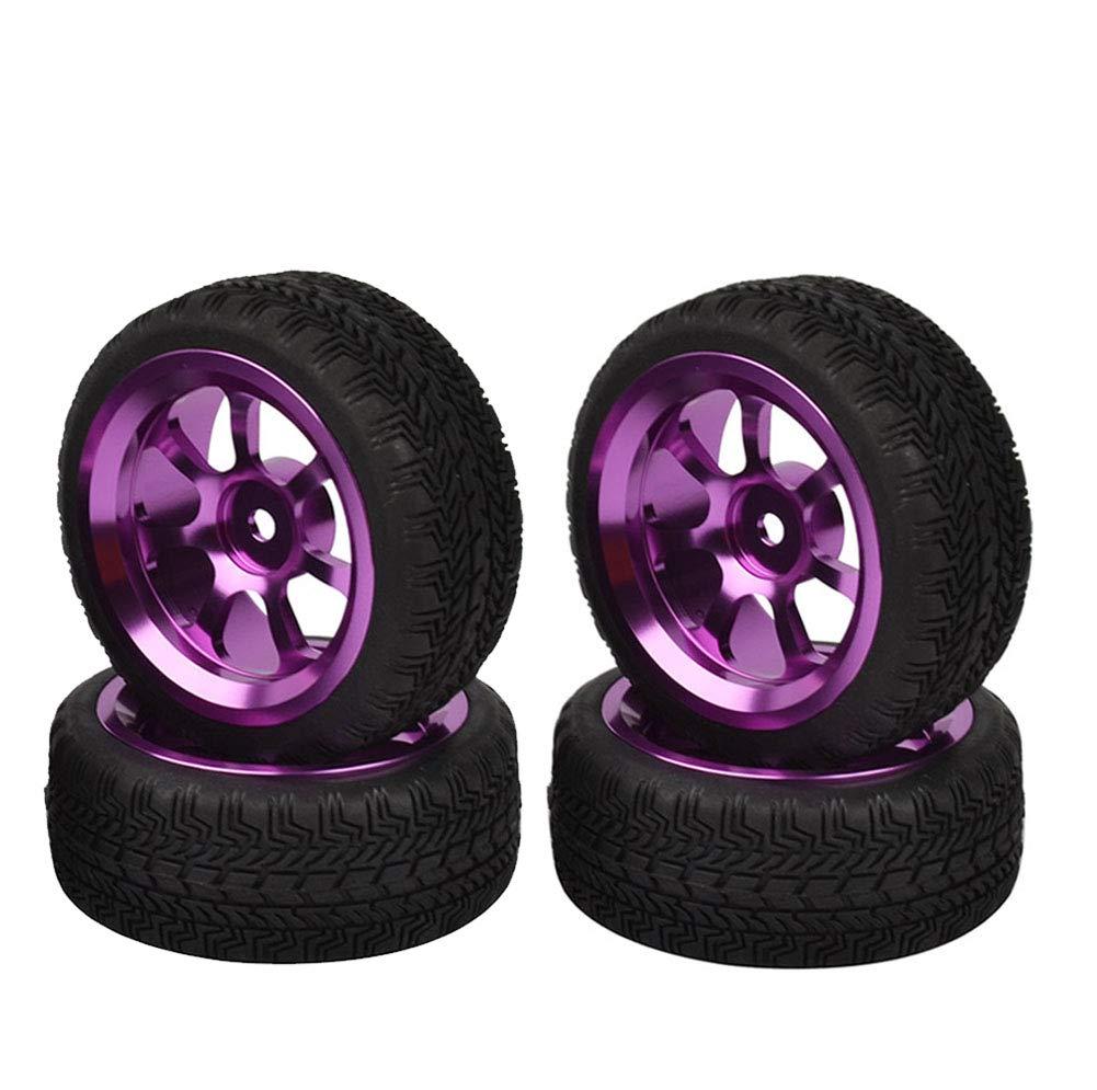 LAFEINA LAFEINA 4PCS 1/10 Aluminium Alloy 7 Spokes Wheels and Tires for 1/10 RC On Road Drift Racing Car HSP HPI (Purple)