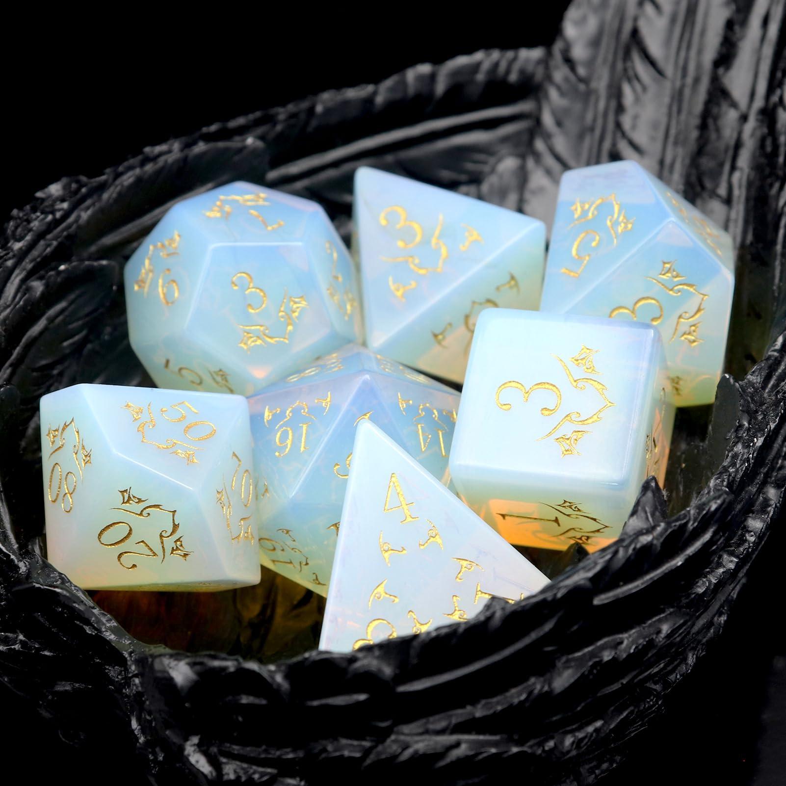 Haxtec Haxtec Opal Gemstone DND Dice Set with Dice Case Precious Gemstone Dice Set for Dungeons and Dragons TTRPG Gifts for Dungeons Masters