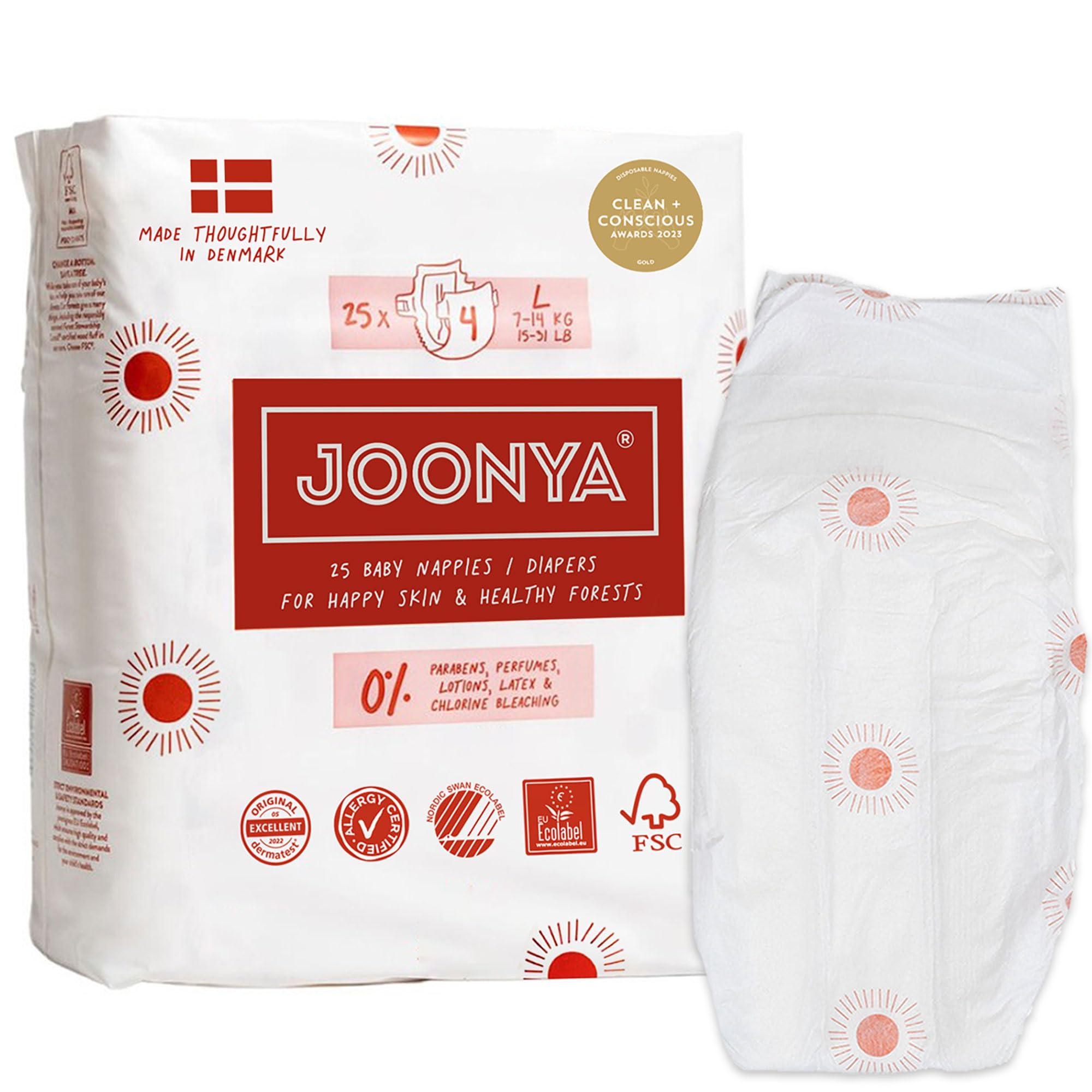JOONYA Joonya Baby Diapers, Size 4 L (15-31 lb) - 1 Bag of 25 - **New Range** - NonToxic, Eco-Friendly, Ultra Slim, Overnight Use - Made in Denmark