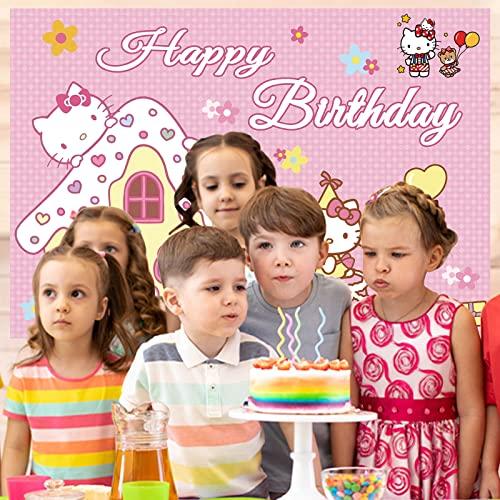 Lenglet Kawaii Kitty Birthday Party Supplies, Happy Birthday Backdrop for Kawaii Theme Party, 5 x 3 FT Cute Kitty Photography Background Banner for Girls Boys Birthday Party Decorations