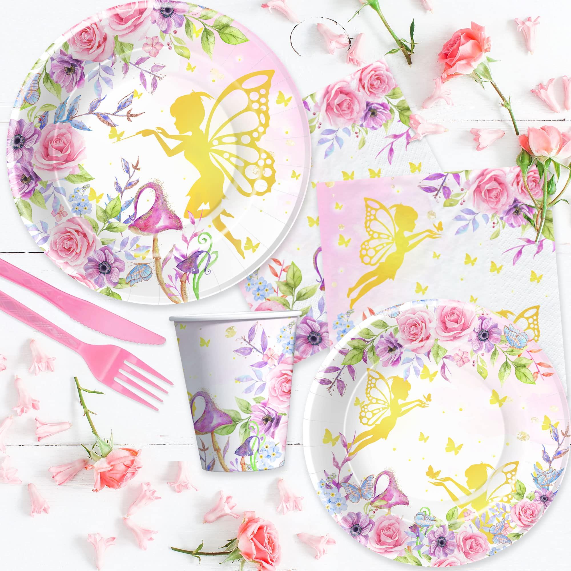 APOWBLS APOWBLS Fairy Birthday Party Supplies - Fairy Party Decorations, Plate, Cup, Napkin, Tablecloth, Cutlery, Floral Gold Fairy Theme Baby Shower Birthday Decorations Spring Tea Party Tableware | Serve 24