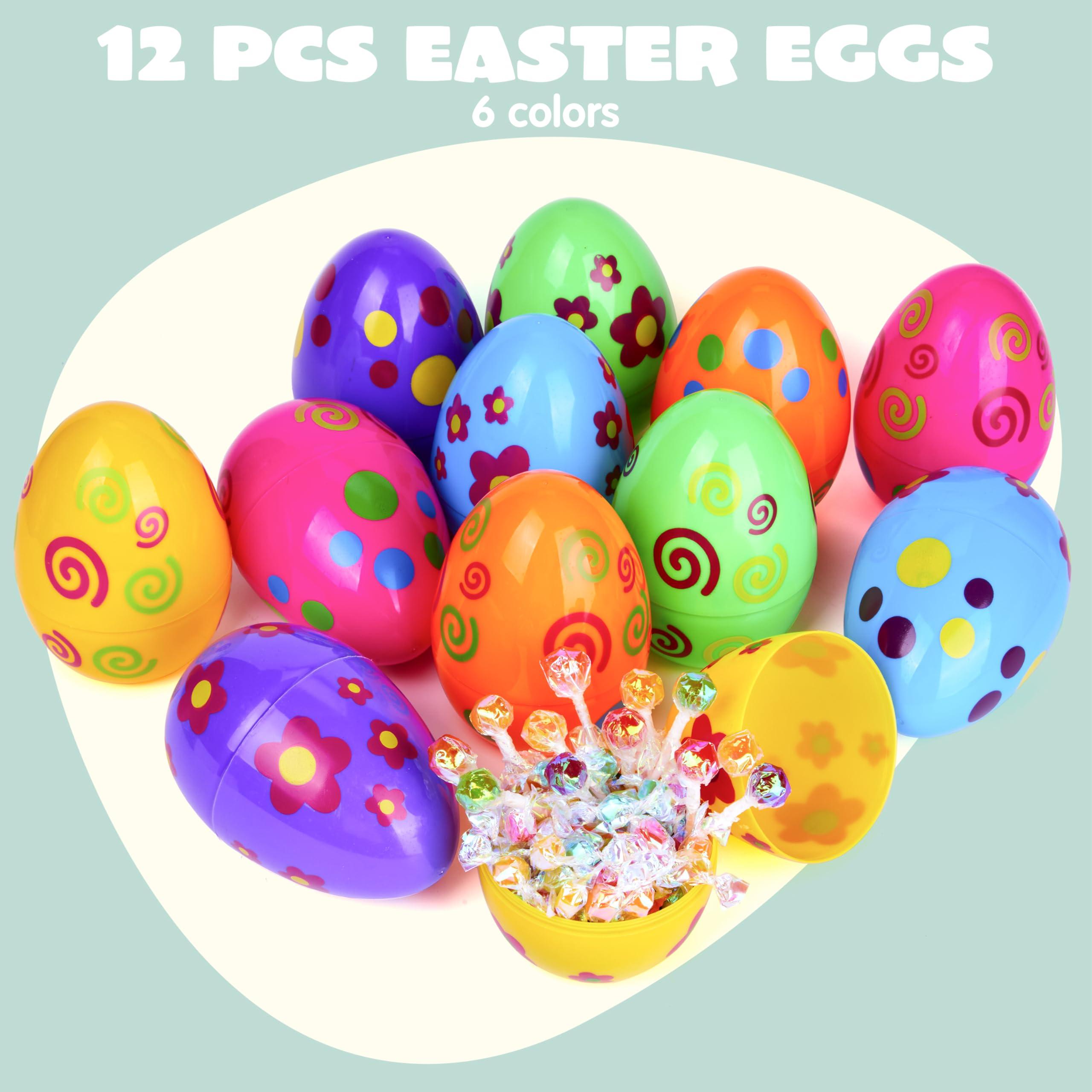 JOYIN JOYIN 12 Pcs Jumbo Printed Easter Eggs, 6 Inches Giant Plastic Eggs Fillable for Easter Themed Hunt Basket Stuffers Fillers Filling Treats Party Favor Classroom Prize Supplies