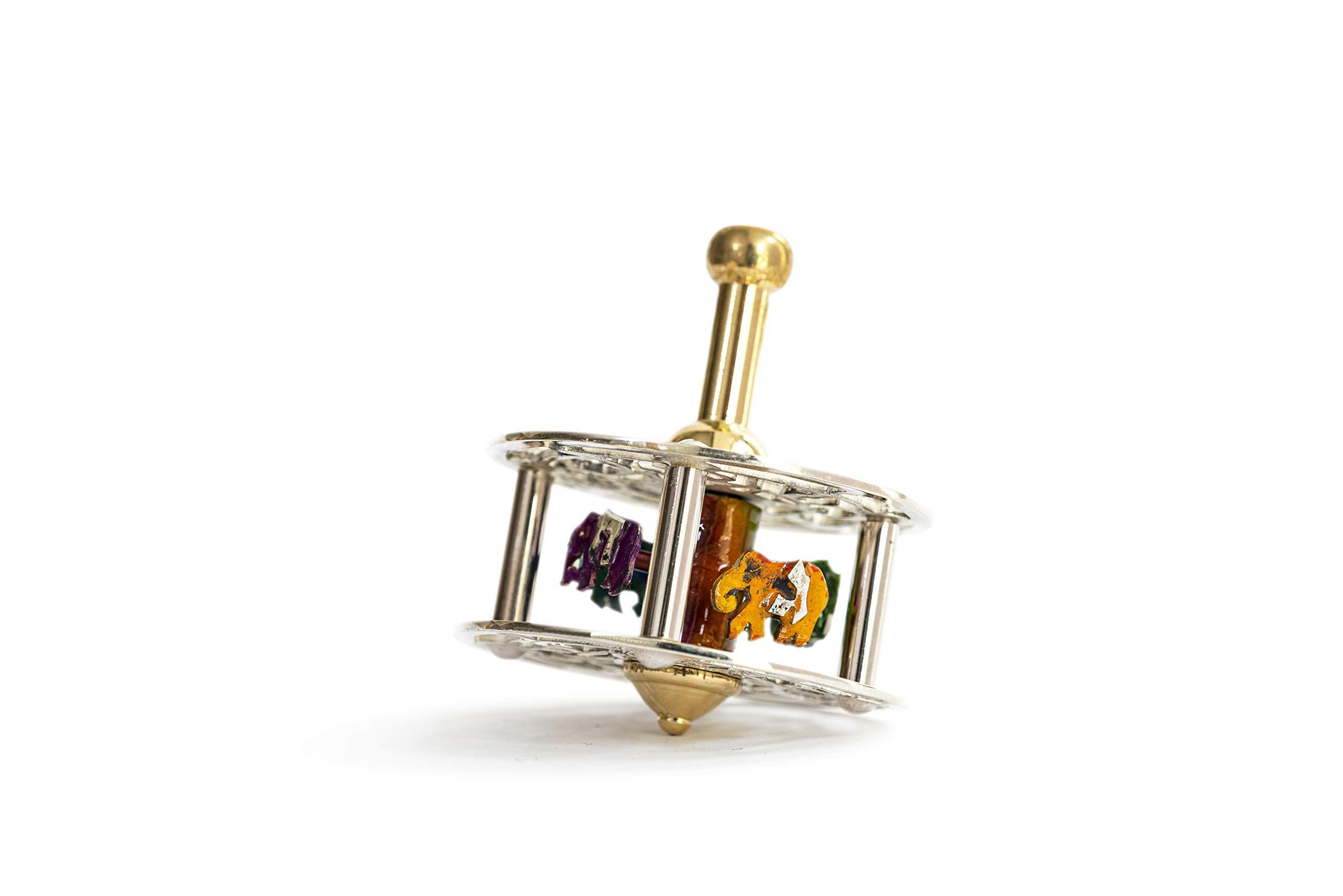 NADAV ART Special Hanukkah dreidel made of sterling silver with magnificent colorful cold enamel colors & brass Handle and Stand Elephant Shape inside