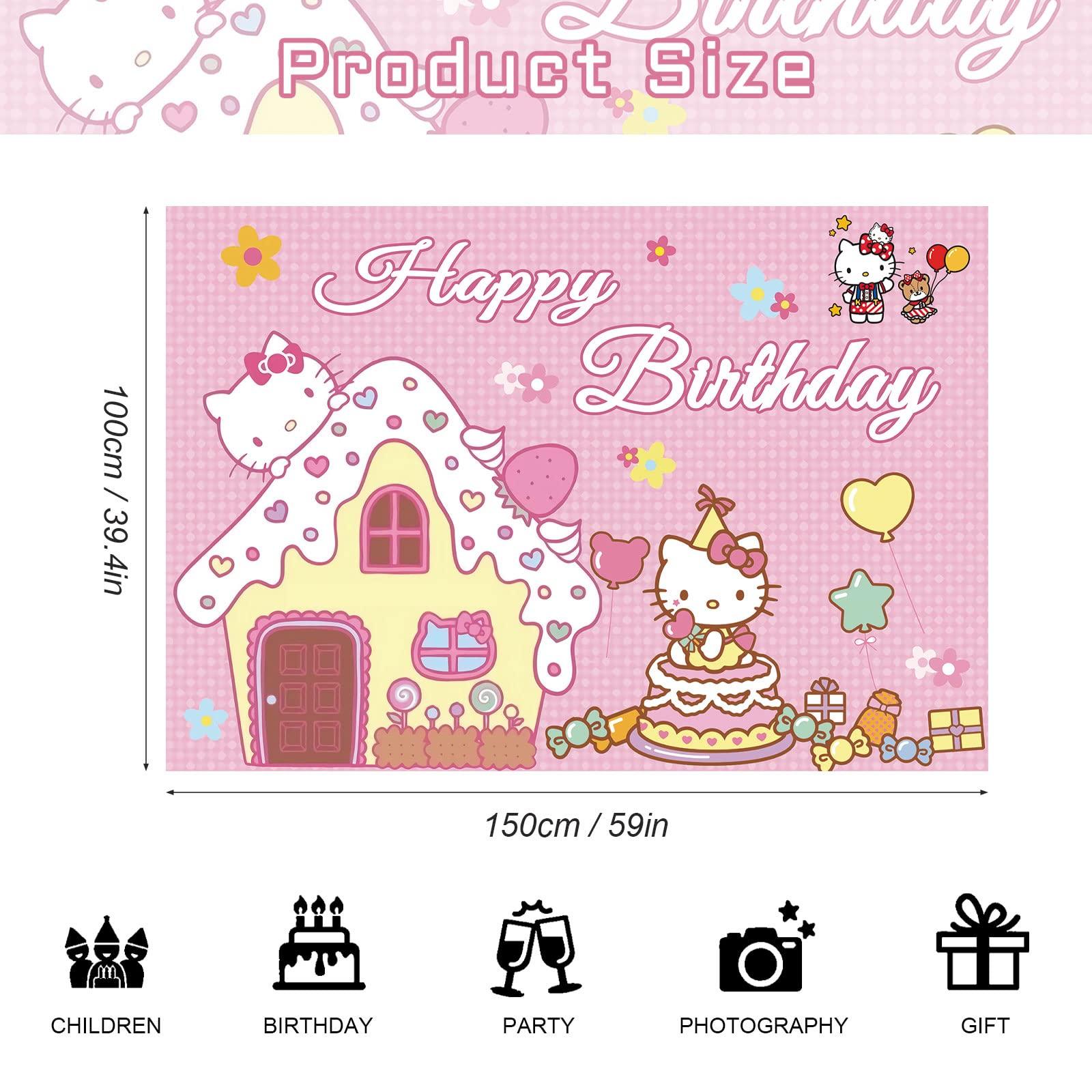 Lenglet Kawaii Kitty Birthday Party Supplies, Happy Birthday Backdrop for Kawaii Theme Party, 5 x 3 FT Cute Kitty Photography Background Banner for Girls Boys Birthday Party Decorations