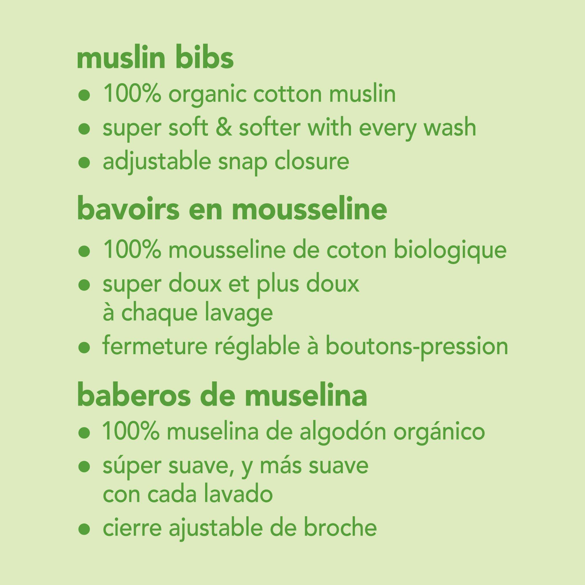 green sprouts green sprouts Muslin Bibs Made from Organic Cotton| 4 Absorbent Layers Protect from sniffles, Drips, & drools | 100% Organic Cotton Muslin, Adjustable snap Closure, Machine Washable,5 Count