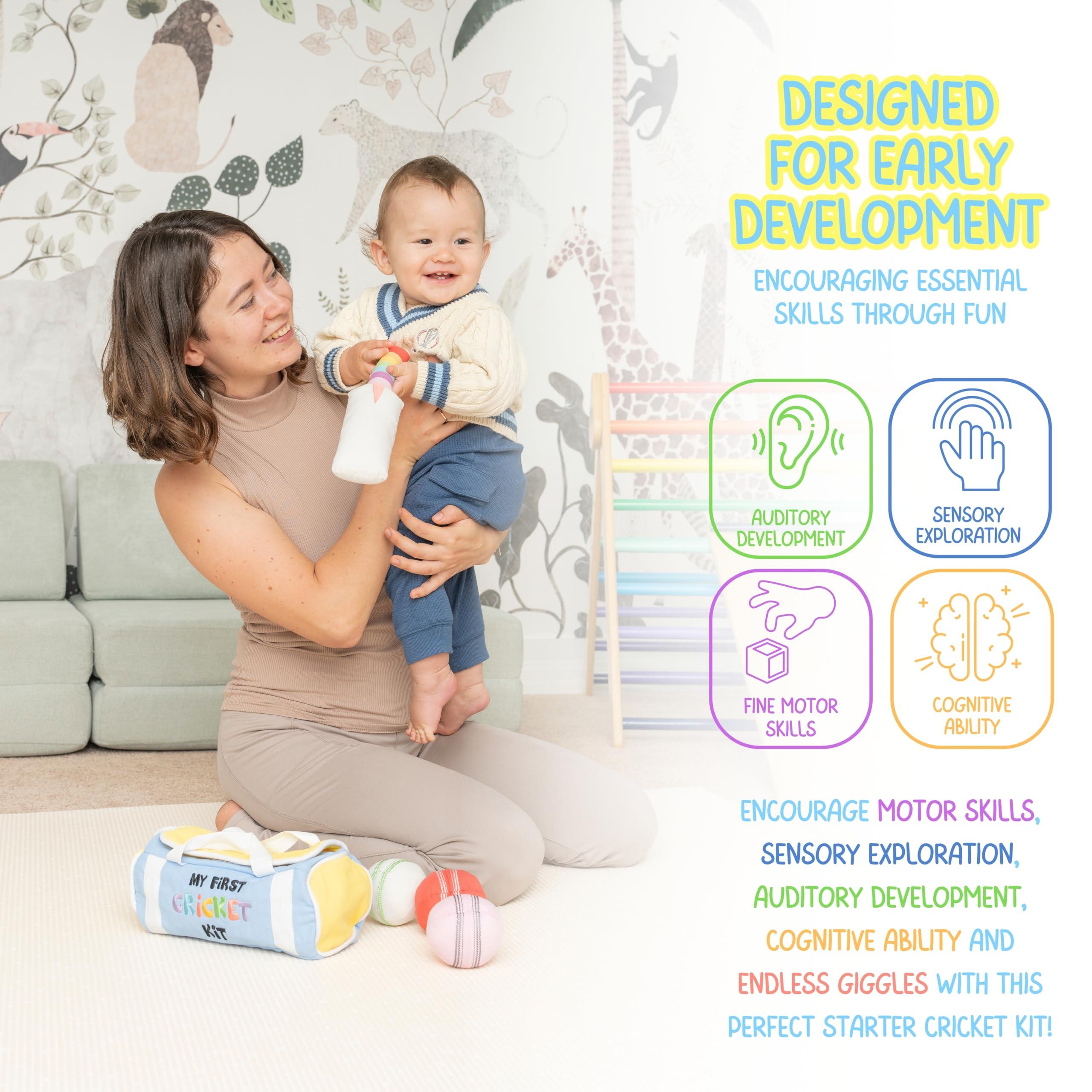 CRICBABY CRICBABY My First Cricket Kit | Organic Soft Plush Toy | Gift Baby and Infant 0-2 Years | 3 Soft Sensory Cricket Balls-Rattle, Crinkle, Squeaker & 1 Rainbow Rattle Cricket Bat | Safe, Fun, Educational