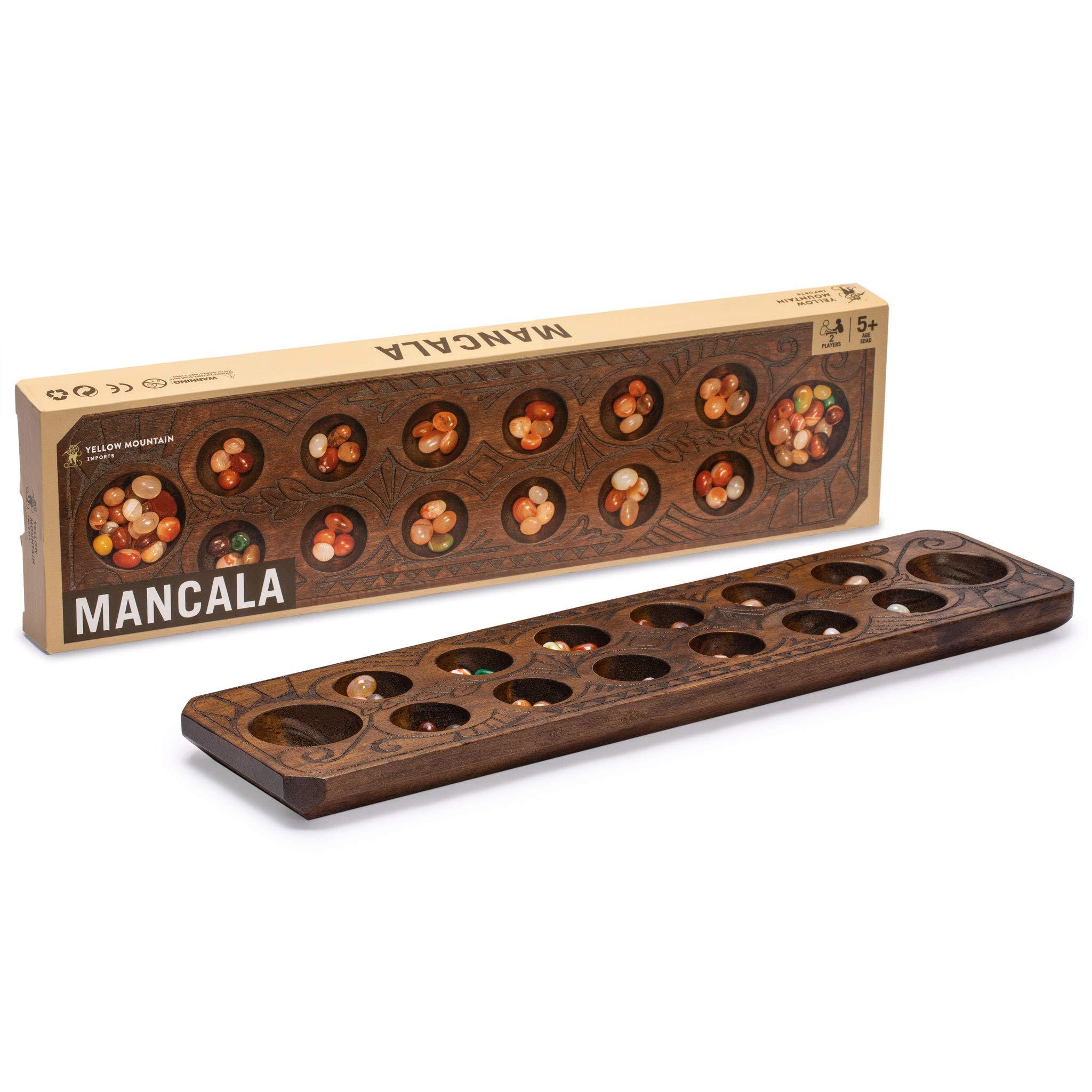 Yellow Mountain Imports Yellow Mountain Imports Mancala Set with 17.3-Inch Solid Wood Board and Quartz Pebble Playing Pieces