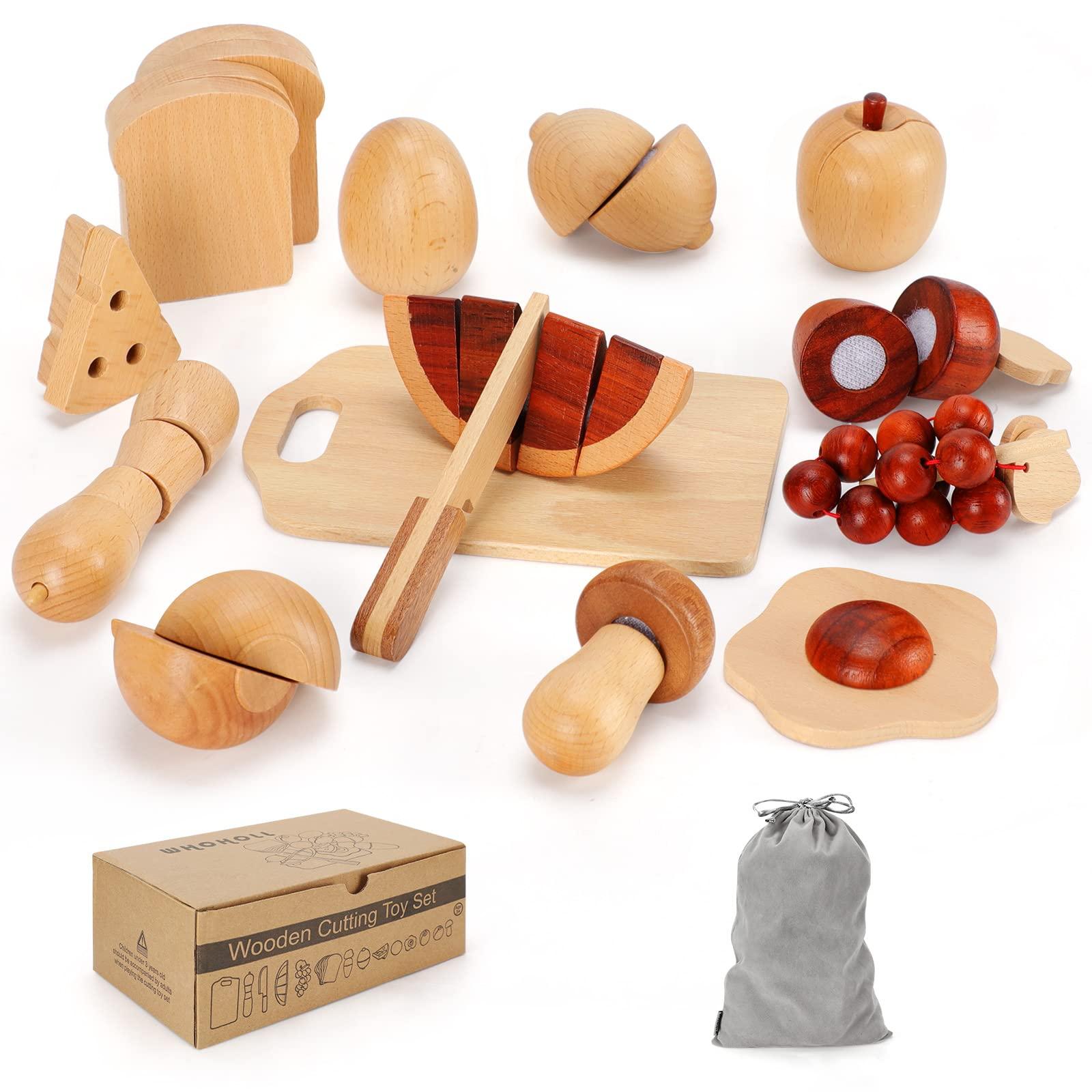 WHOHOLL WHOHOLL Wooden Play Food, Toddler Cutting Play Food Sets for Kids Kitchen, Velcro Fake Food Fruit Toys for Pretend Play Kitchen, Montessori Toy Kitchen Accessories for Girls Boys Gifts