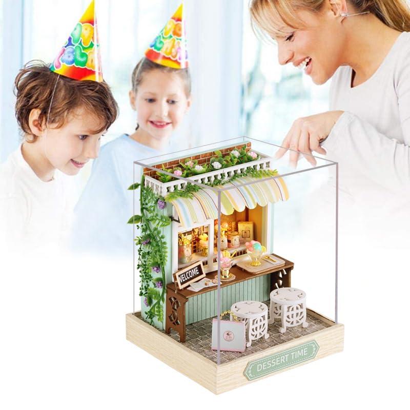 Generic Generic DIY Miniature Dollhouse Kit Wooden Dolls House with LED Dust CoverCreative Room Mini House Building Kit for Birthday Gift (Dessert time)