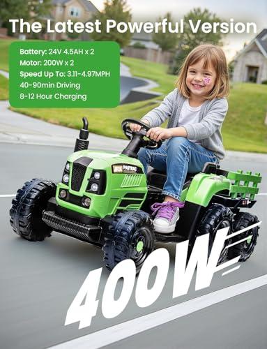 Feetice Tractor Toys, Ride on Tractor with Trailer, 24V 400W Powered Electric Tractor Remote Control, Music Bluetooth and USB Support, Electric Car for Kids, 3 Speed Adjustable, Two-Point Safety Belt, Green