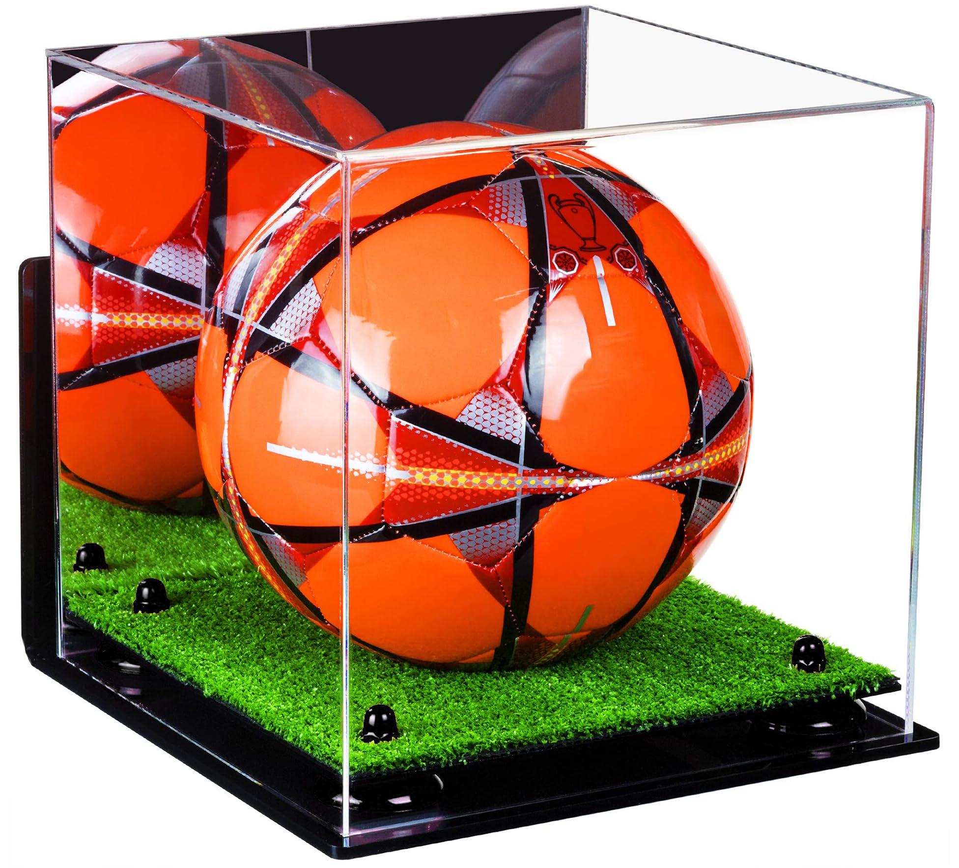 Better Display Cases Better Display Cases Acrylic Soccer Ball Display Case with Black Risers Mirror, Turf Base and Wall Mount (A027-BR)