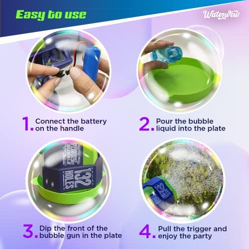 Waterwow Turbo Bubble 132 Holes Bubble Machine Gun Toy for Kids with Liquid Solution and Colorful Light Up Effects, Birthday Party and Summer Fun Outdoor Play, Gift for Boys and Girls, Blue Green