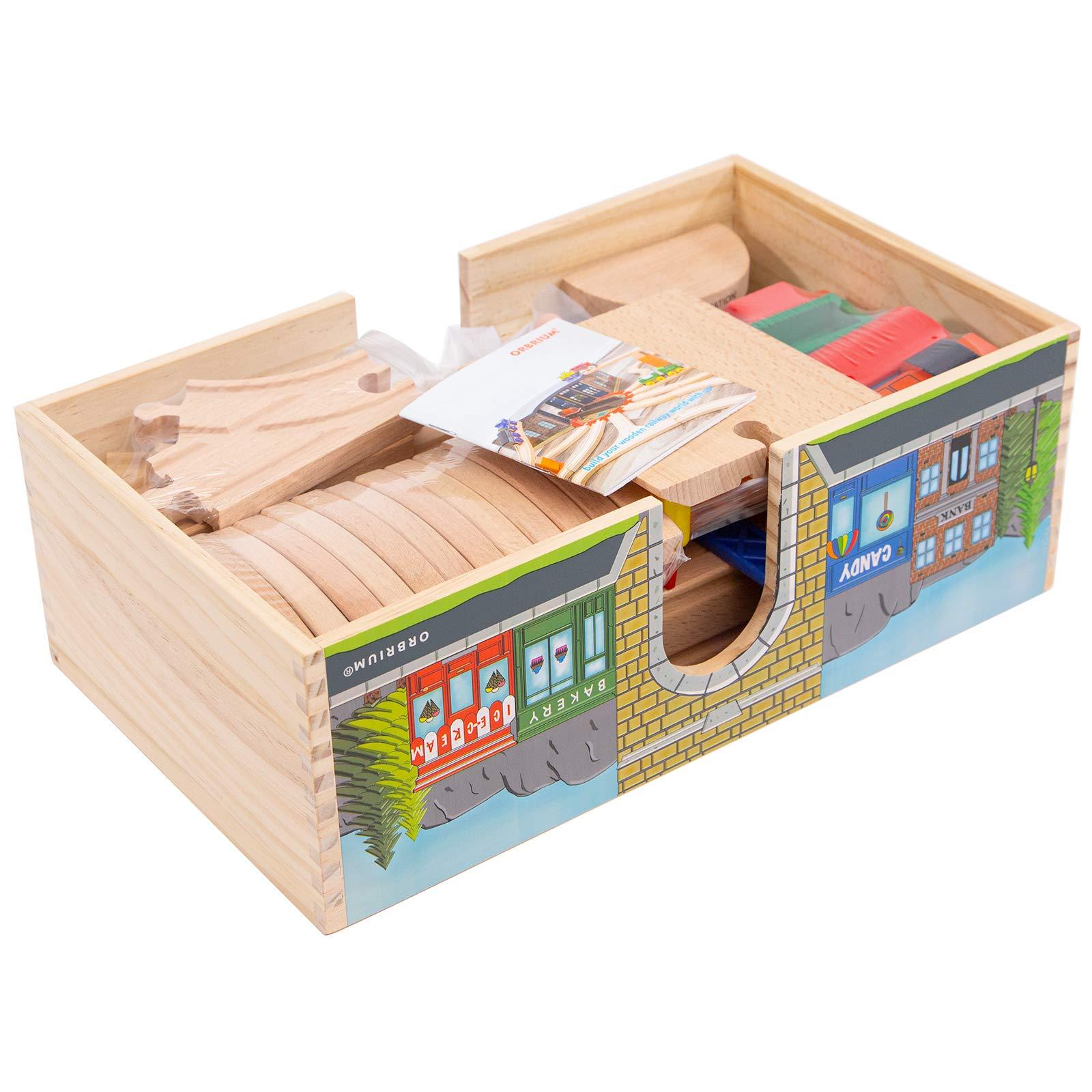 Orbrium ORBRIUM 52 Pcs Deluxe Wooden Train Set with Wooden Storage Box Tunnel Compatible with Thomas, Brio, Melissa (Wooden Box - 52 Pcs Train Set)